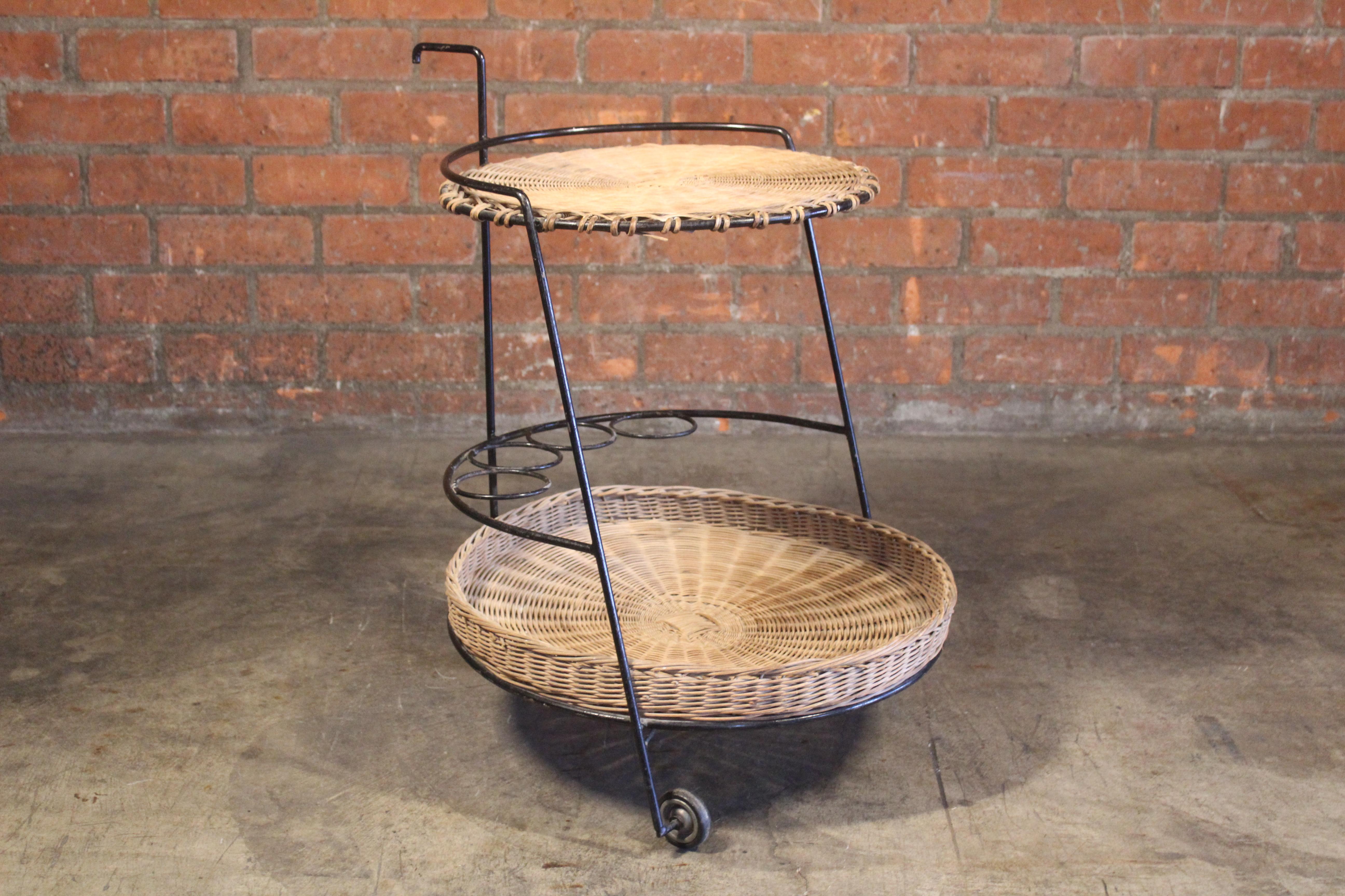 Mid-Century Modern 1950s French Iron and Wicker Bar Cart by Atelier Marolles