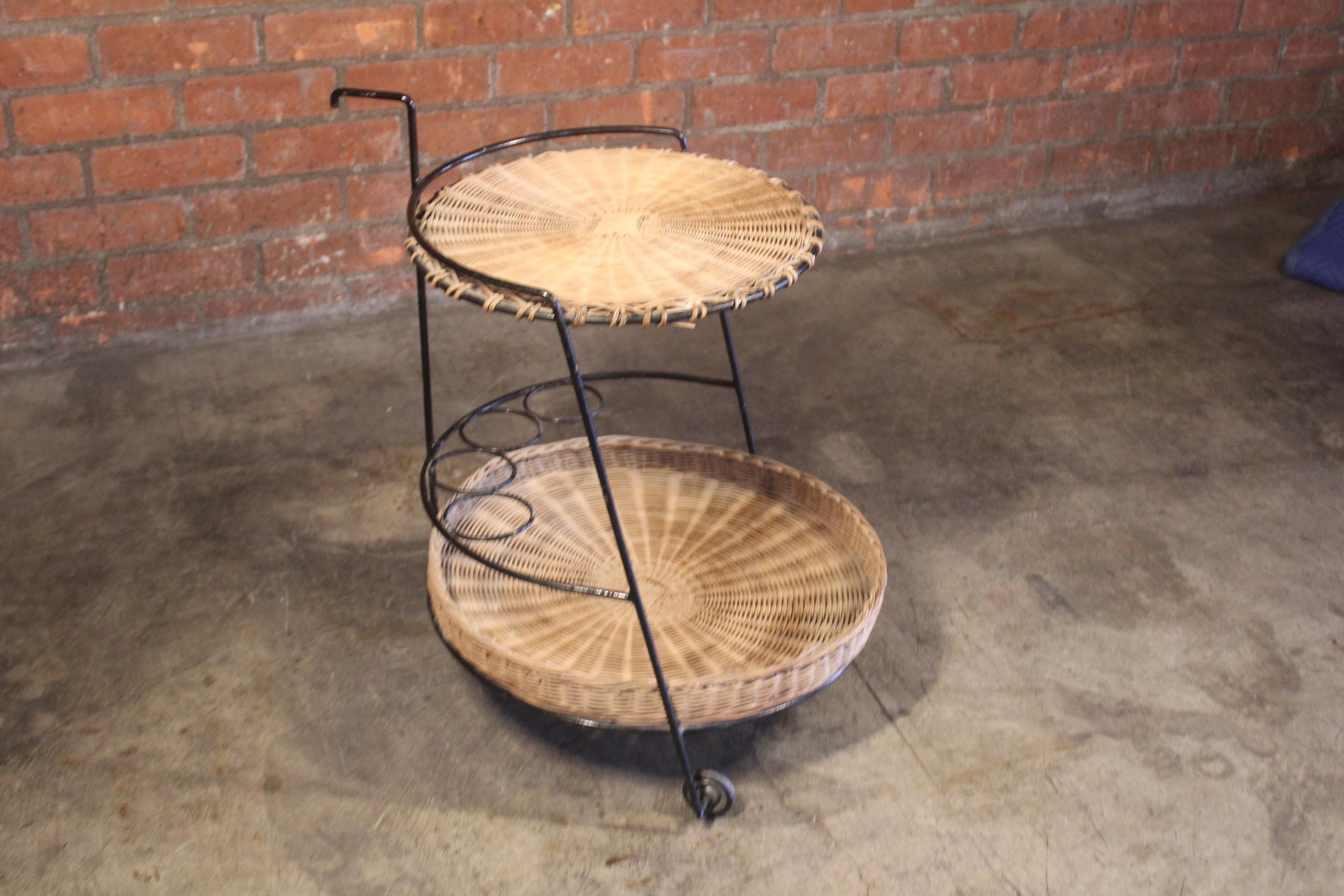 1950s French Iron and Wicker Bar Cart by Atelier Marolles In Good Condition In Los Angeles, CA
