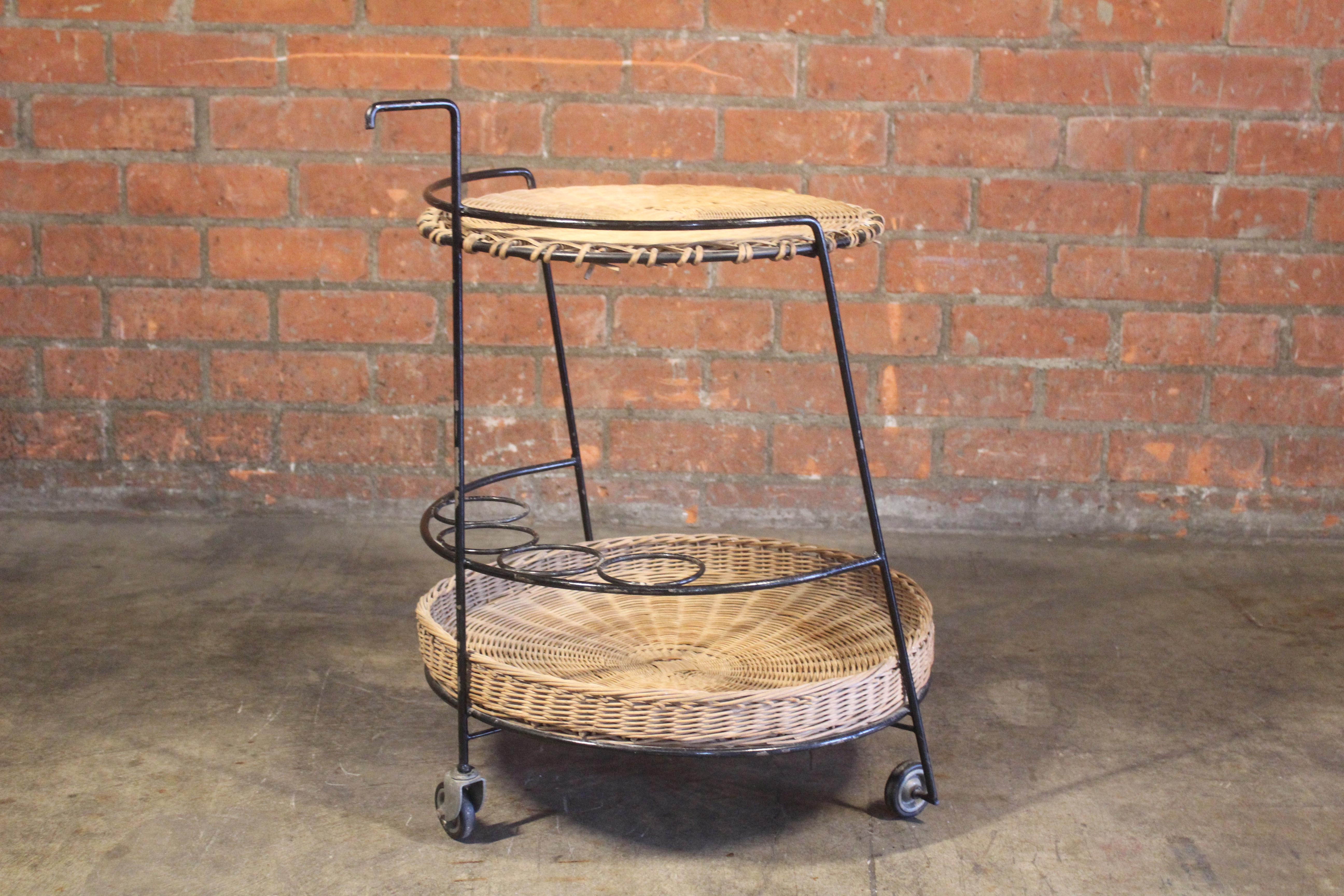 1950s French Iron and Wicker Bar Cart by Atelier Marolles 2