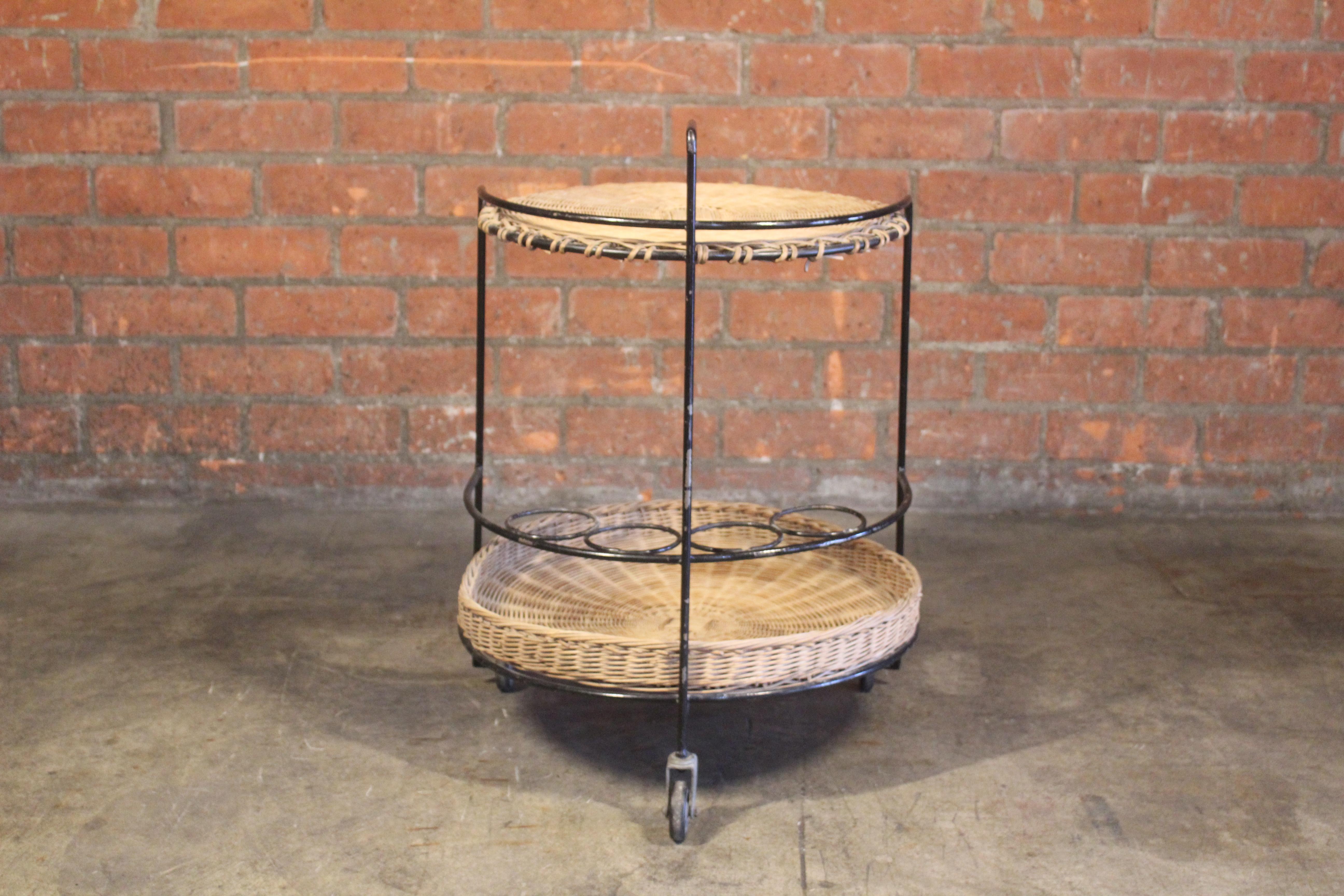 1950s French Iron and Wicker Bar Cart by Atelier Marolles 3