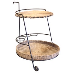 1950s French Iron and Wicker Bar Cart by Atelier Marolles