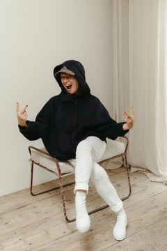 1950's French iron stool, upholstered cushion Belgian linen ...