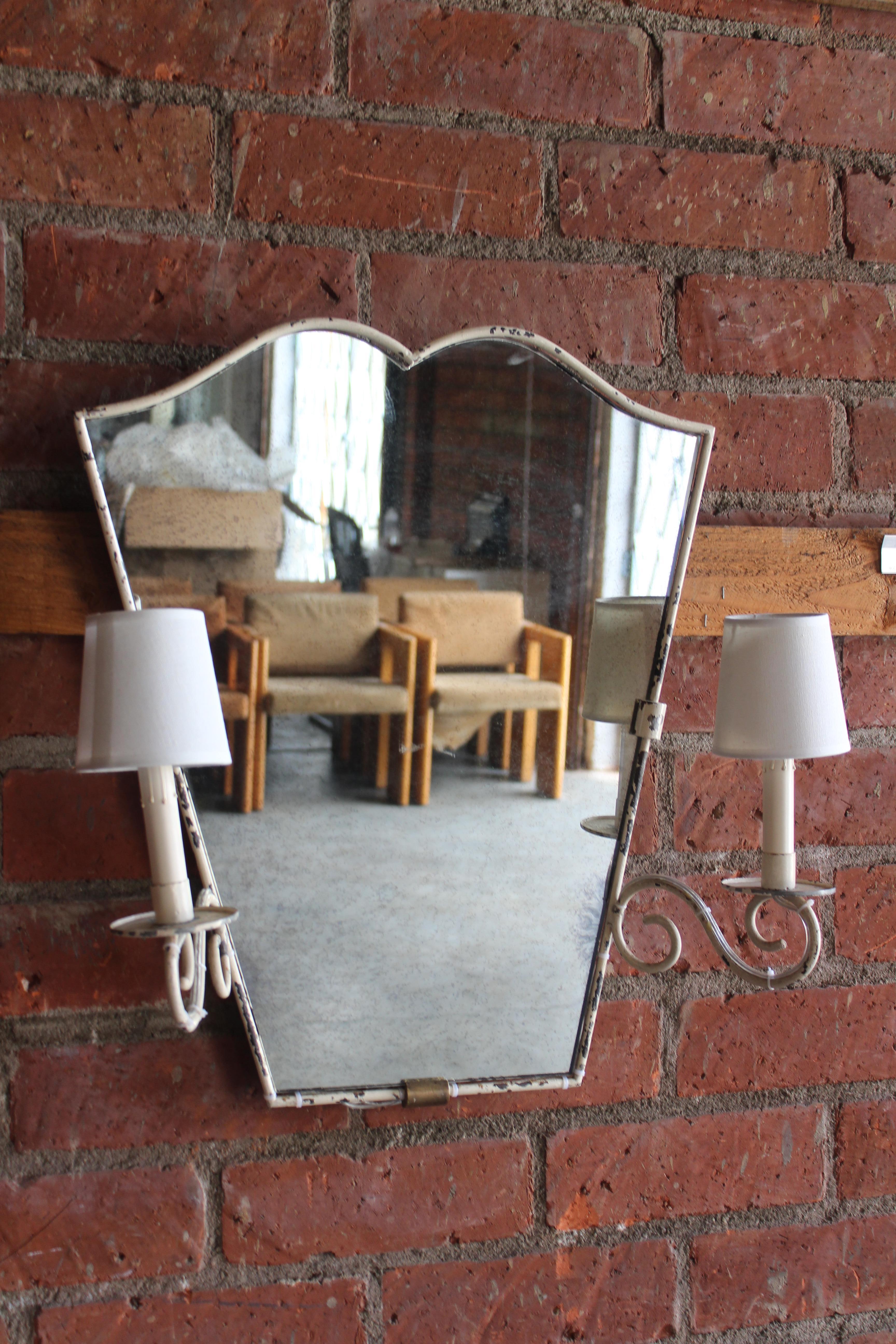 French Provincial 1950s French Iron Wall Mirror with Lights