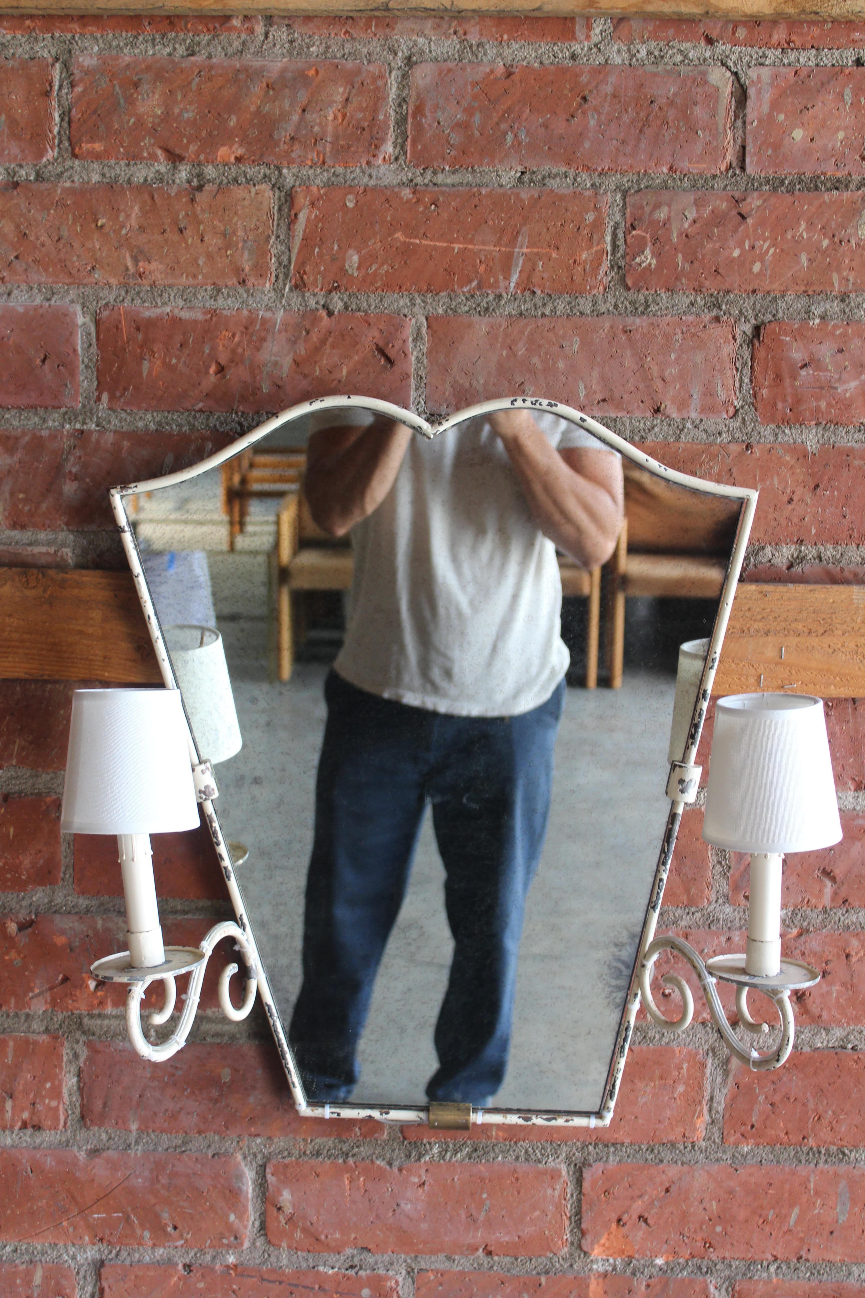 1950s French Iron Wall Mirror with Lights In Good Condition In Los Angeles, CA