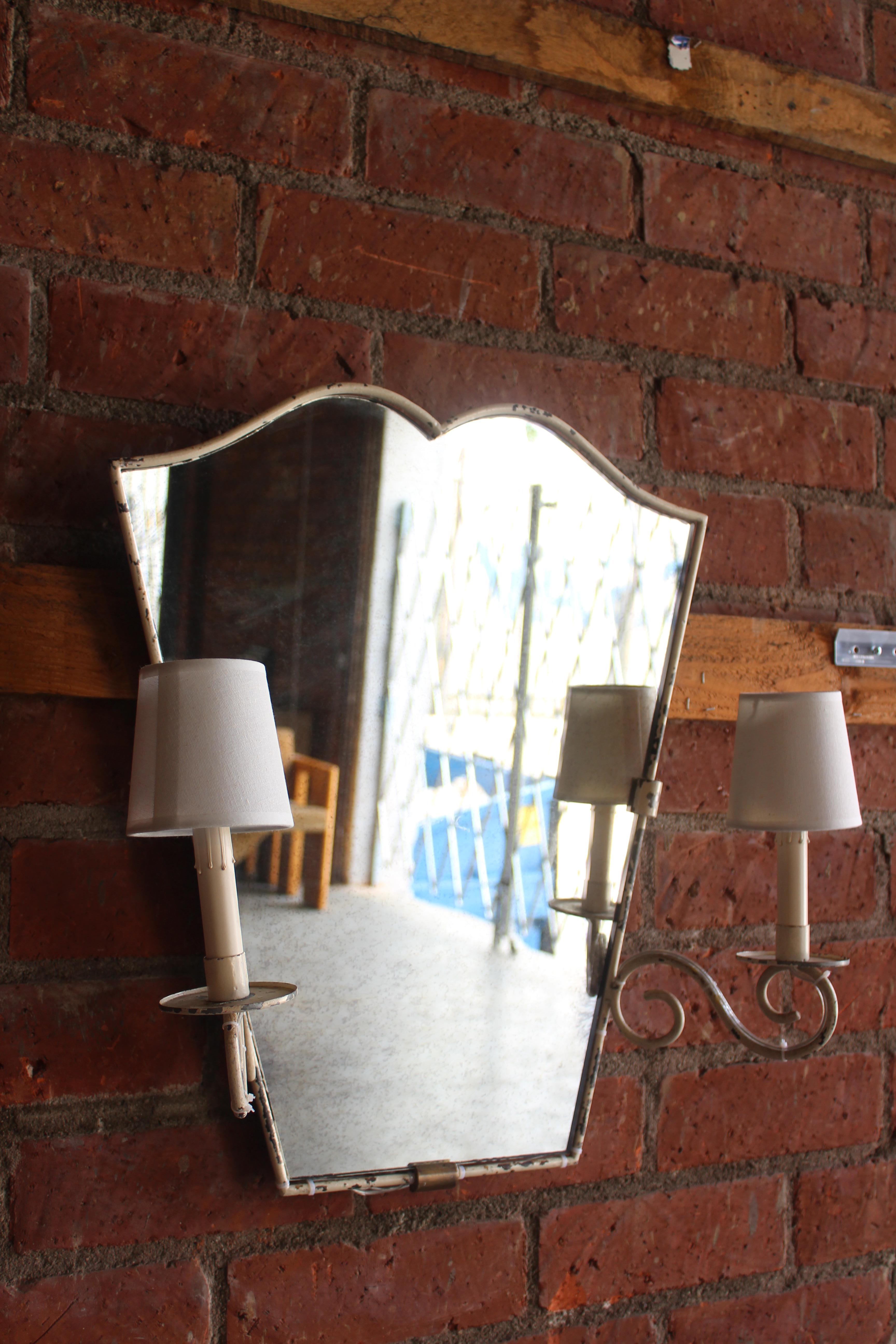 1950s French Iron Wall Mirror with Lights 1