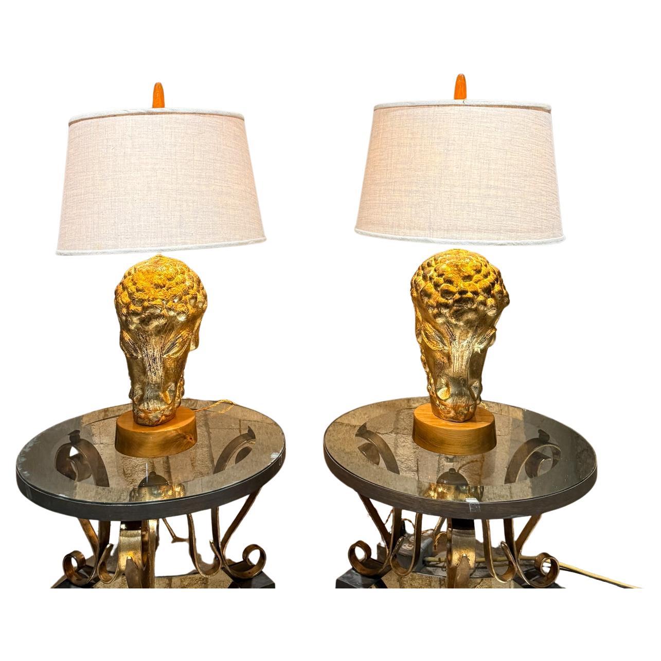 AMBIANIC presents
Hollywood Regency Lamb's Head Sculpture Table Lamps
Fabulous French Lamps Patinated Gold Leaf
Golden plaster on original wood base with wood finial.
unmarked
22.25 to socket 33 to finial x 11.5 w x 10.5 d
Preowned vintage condition