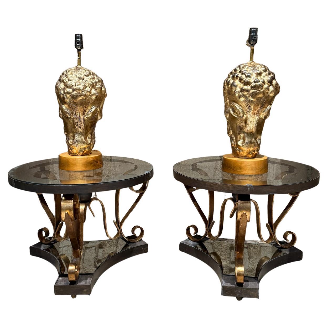 1950s Lamb's Head French Gold Leaf Table Lamps For Sale