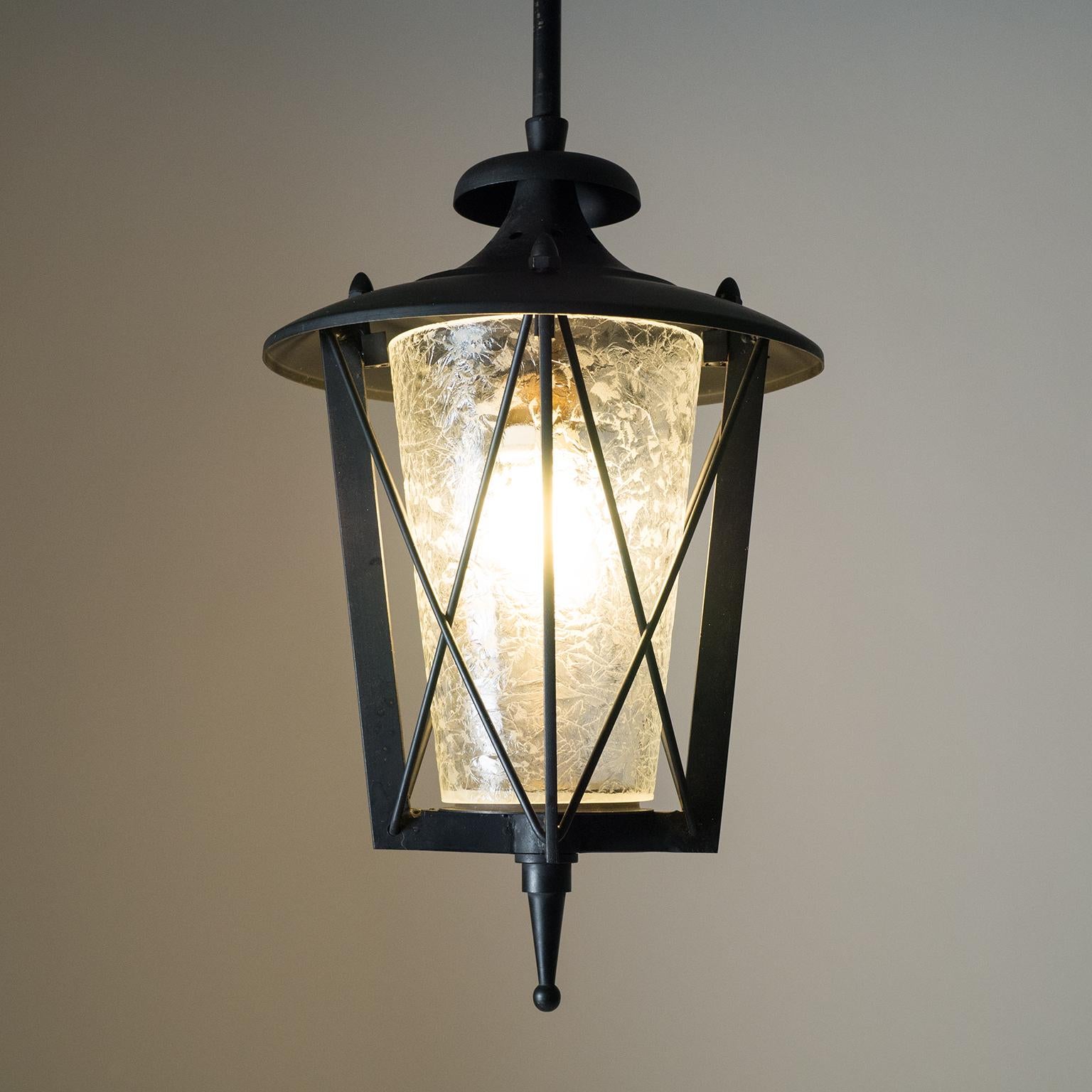 Lacquered 1950s French Lantern with Chiseled Glass