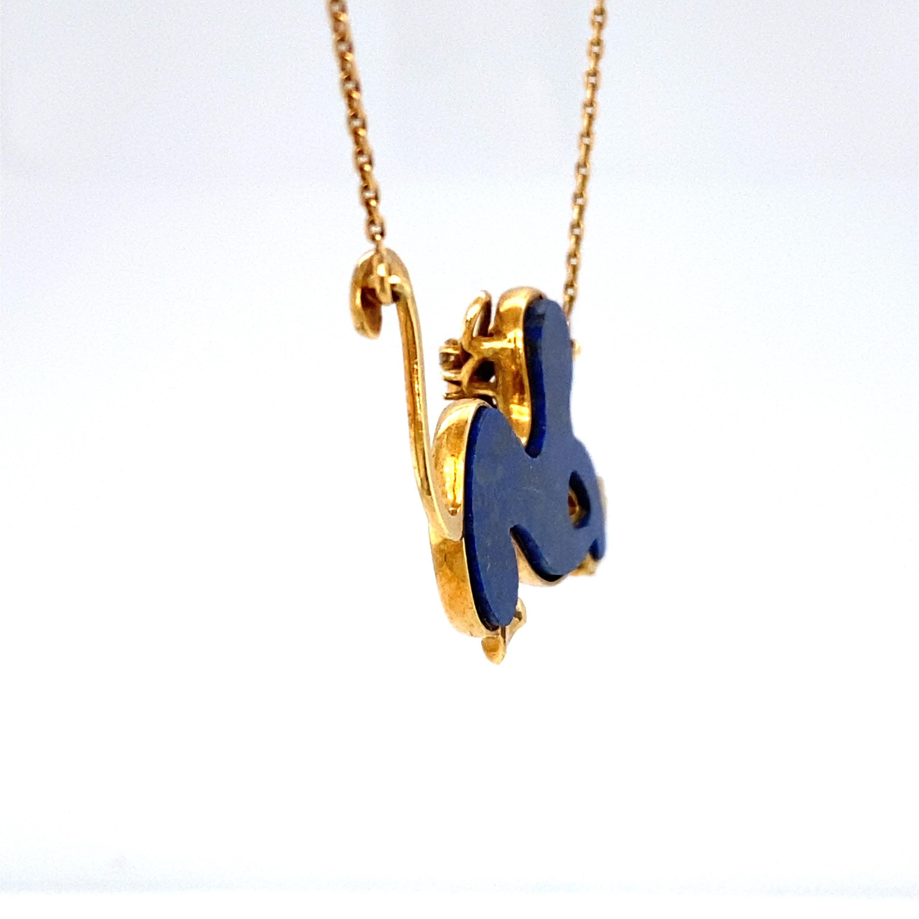 Round Cut 1950s French Lapis Lazuli and Diamond Pussycat Pendant in 18K Gold