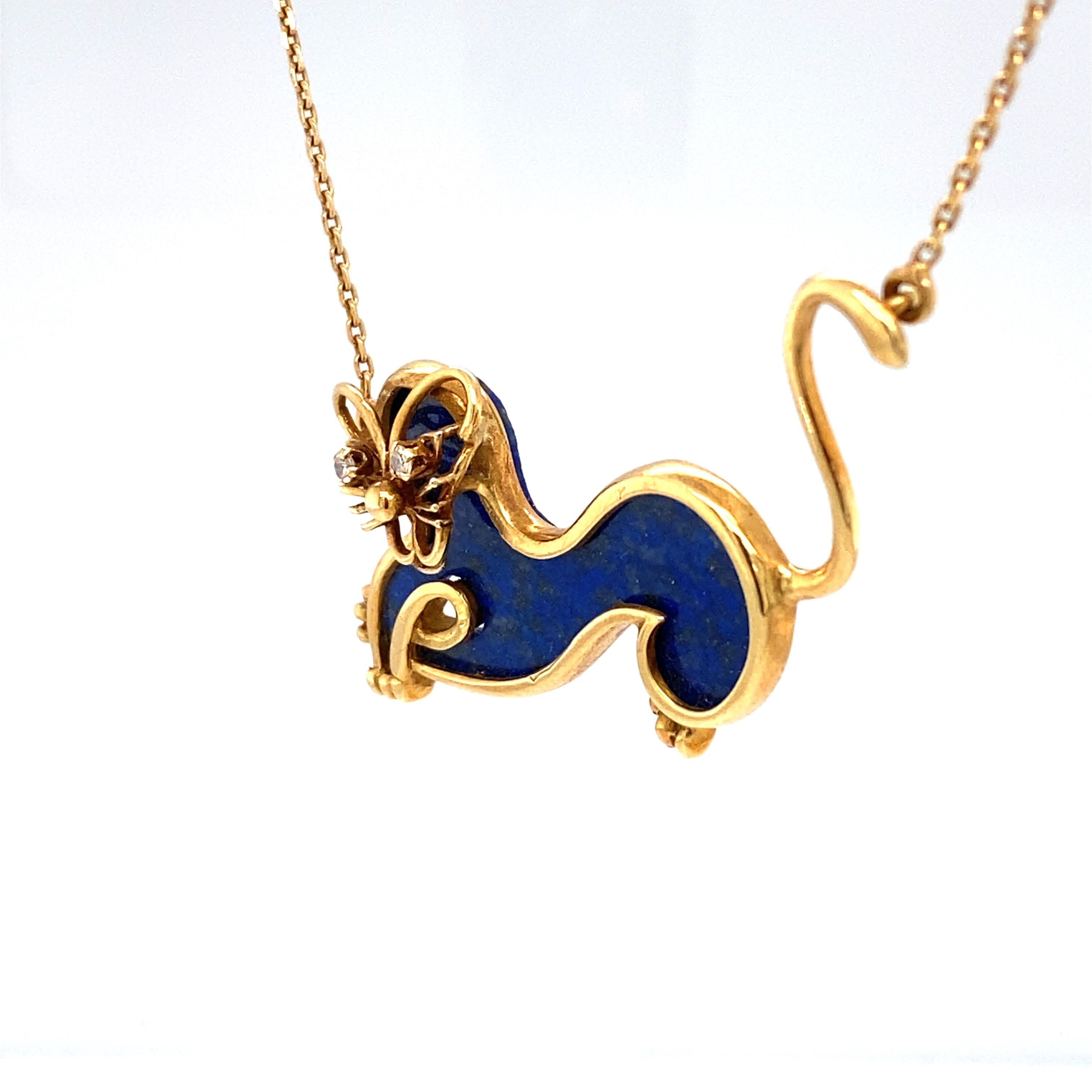 1950s French Lapis Lazuli and Diamond Pussycat Pendant in 18K Gold In Excellent Condition In Atlanta, GA