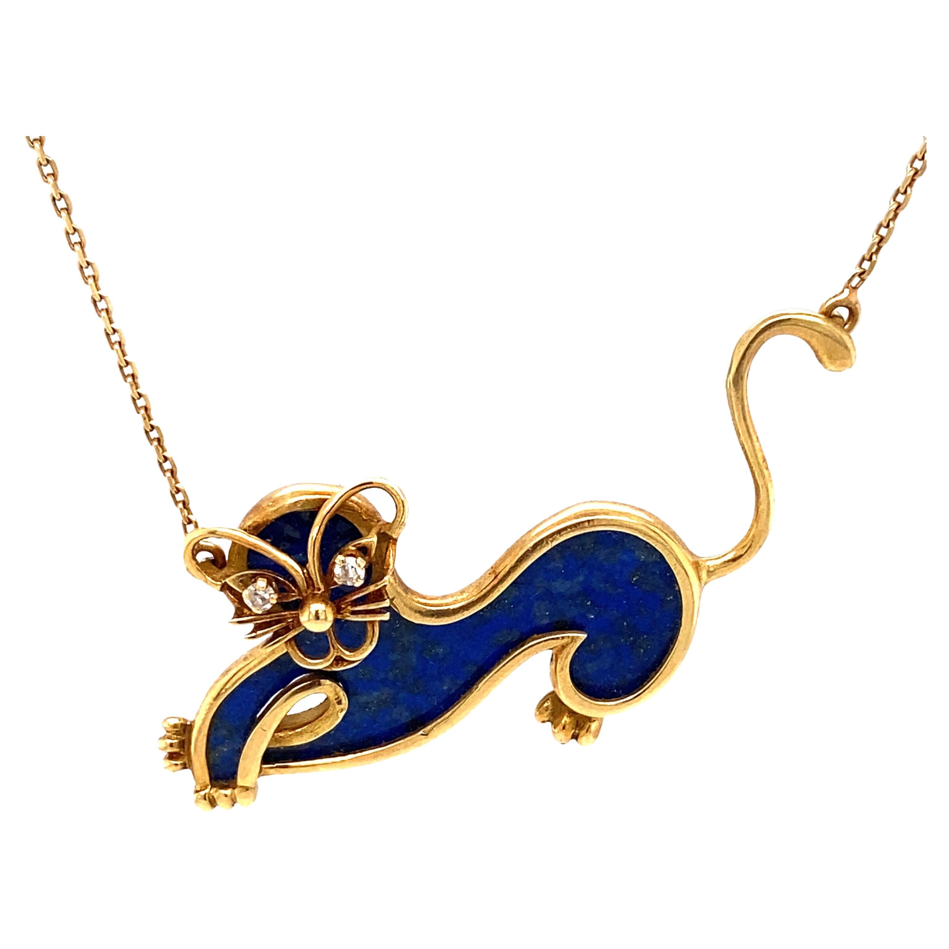 1950s French Lapis Lazuli and Diamond Pussycat Pendant in 18K Gold