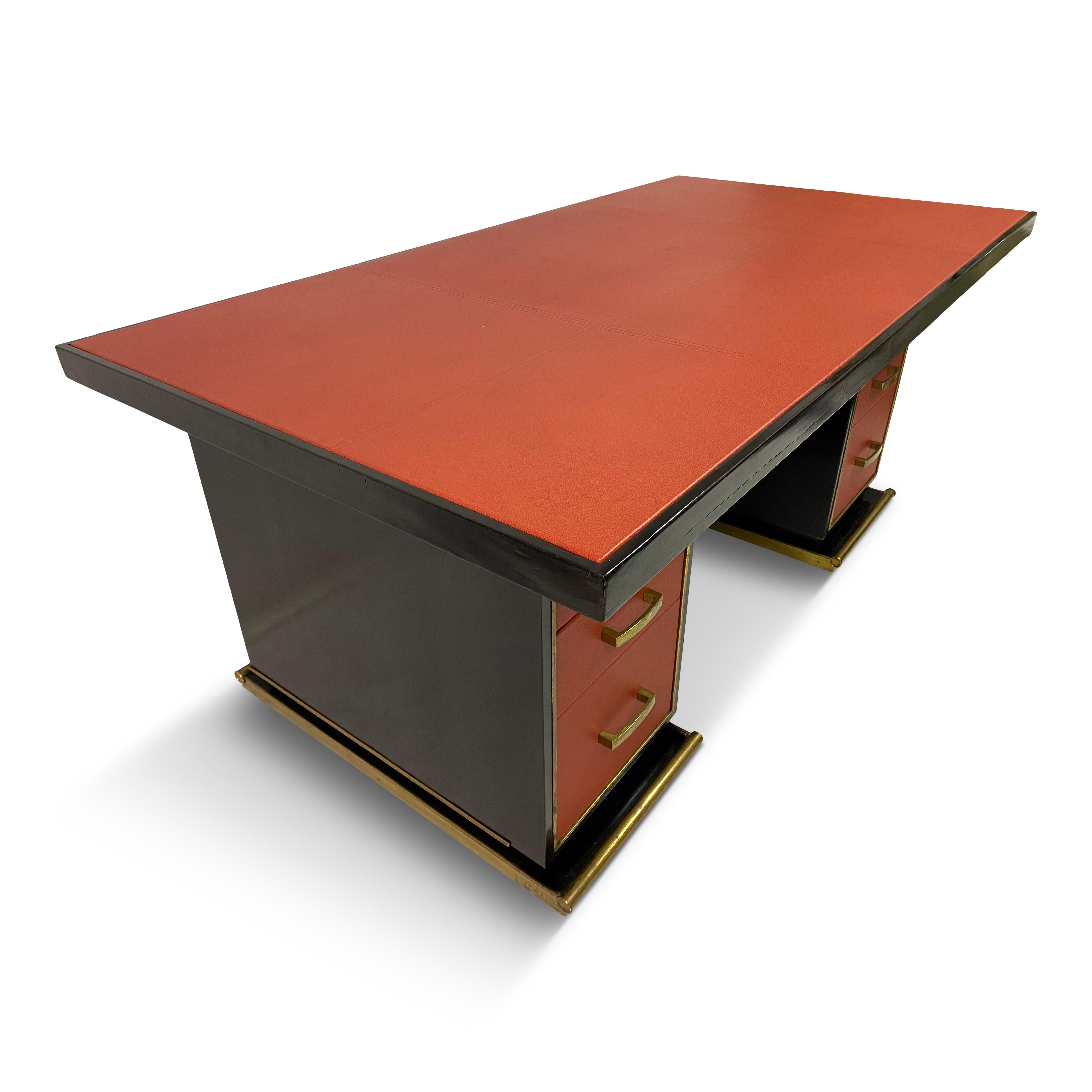 1950s French Leather and Brass Desk by Paul Dupré-Lafon 1