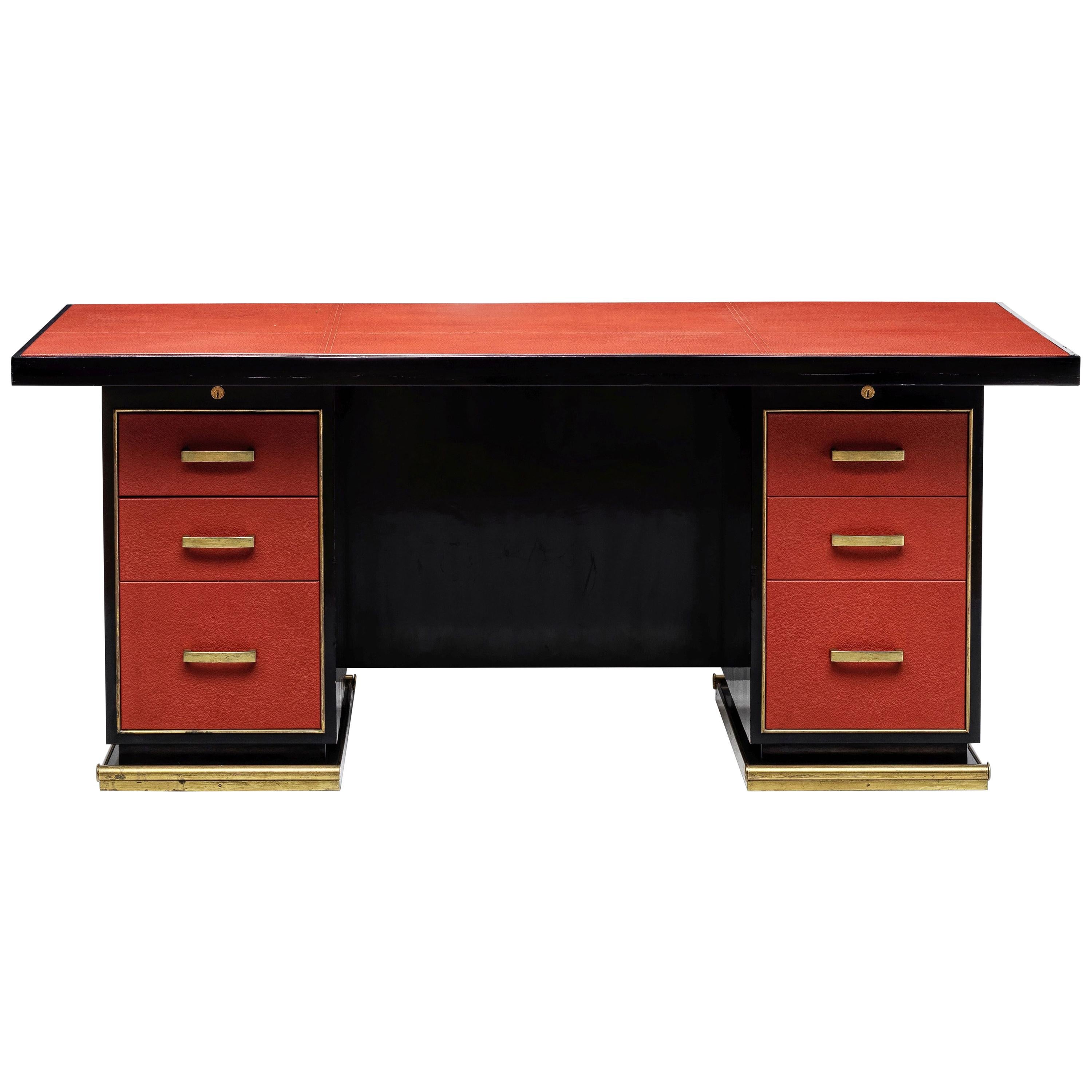 1950s French Leather and Brass Desk by Paul Dupré-Lafon