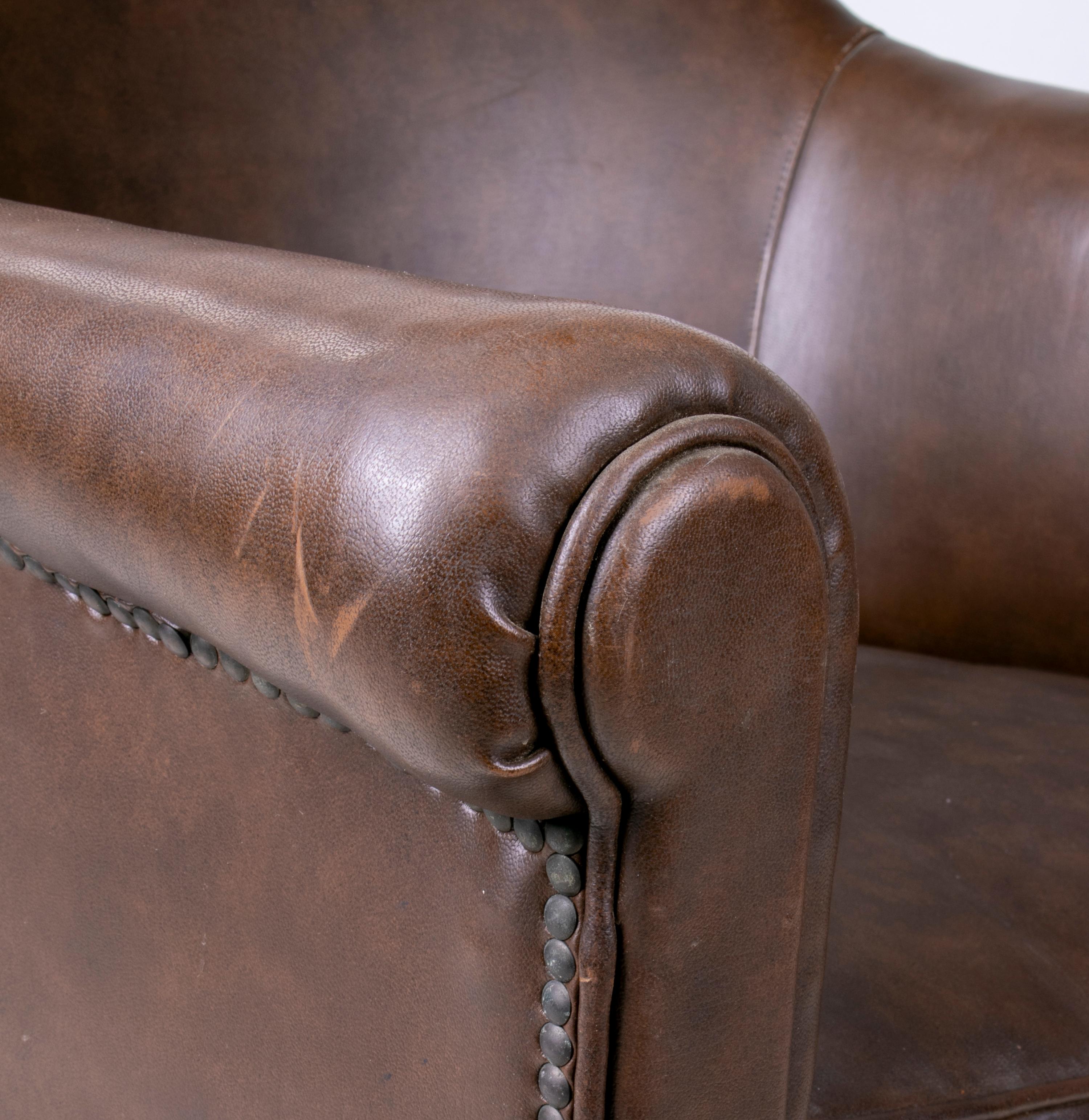 1950s French Leather imitation Armchair with Ornate Carved Wood 4
