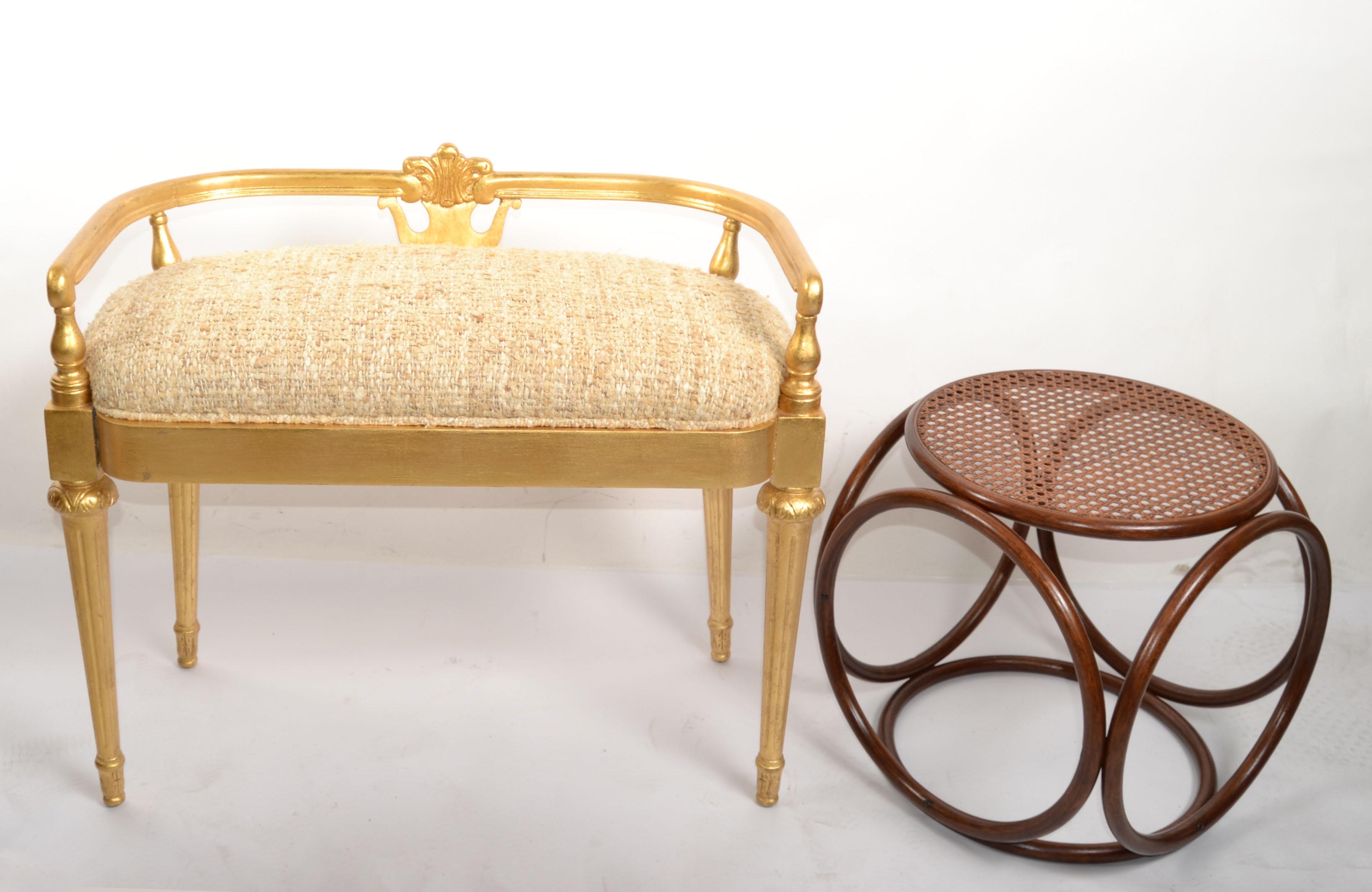 1950s French Louis XIV Style Hand Carved Giltwood Bench Wool Fabric Upholstery For Sale 10