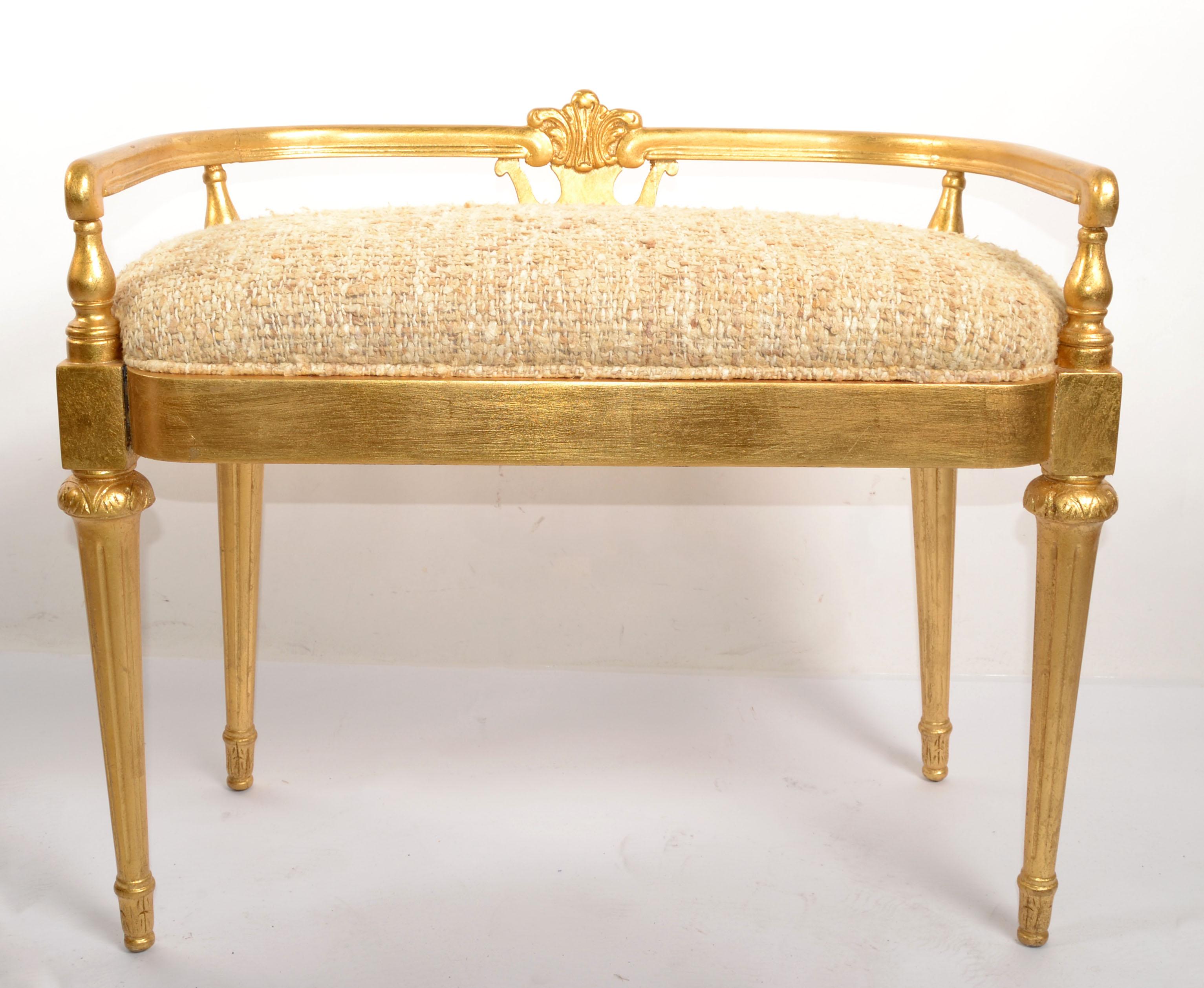 Hand-Crafted 1950s French Louis XIV Style Hand Carved Giltwood Bench Wool Fabric Upholstery For Sale