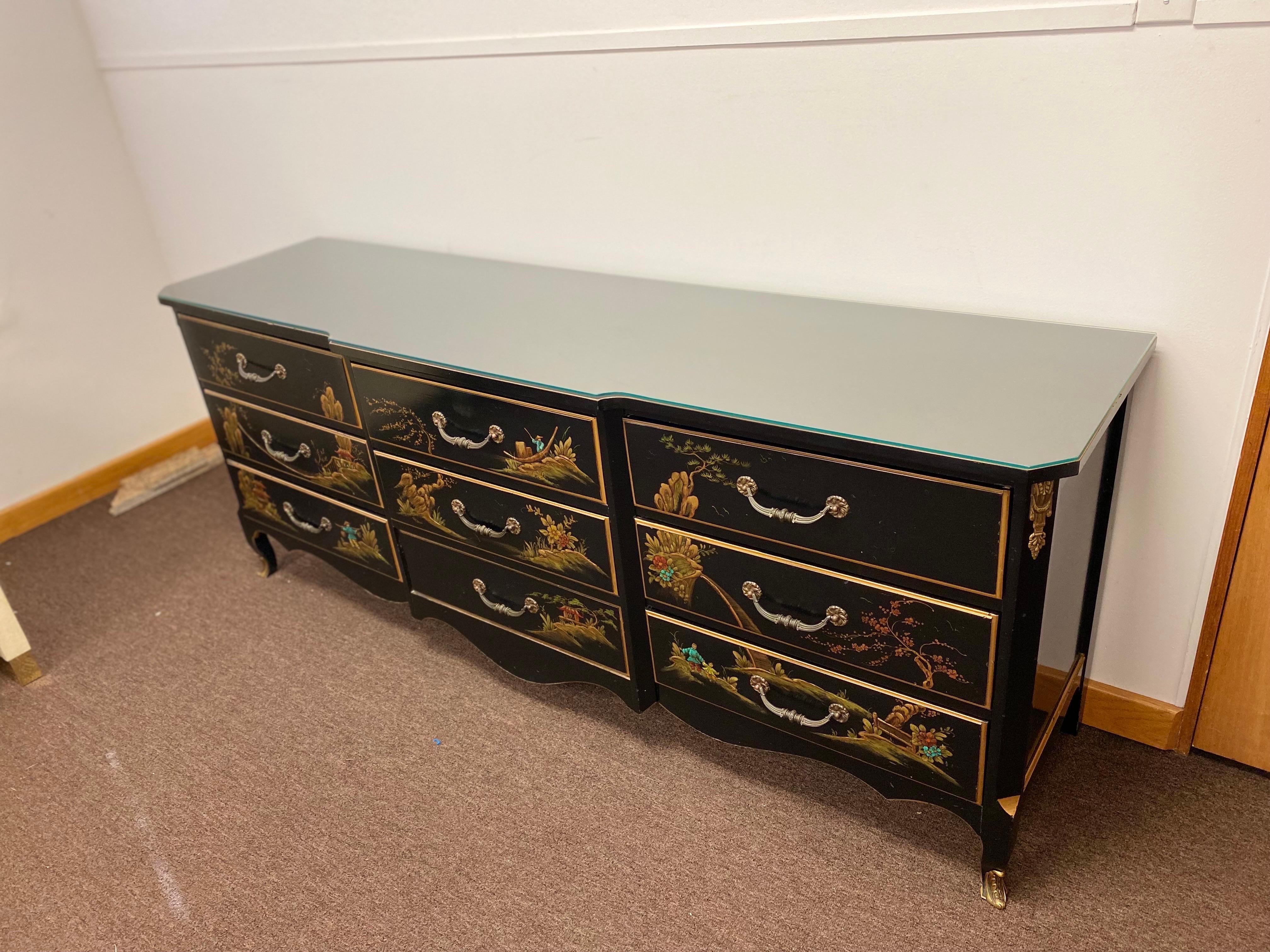 1950s French Louis XV Chinoiserie Style Black Lacquered Dresser 6