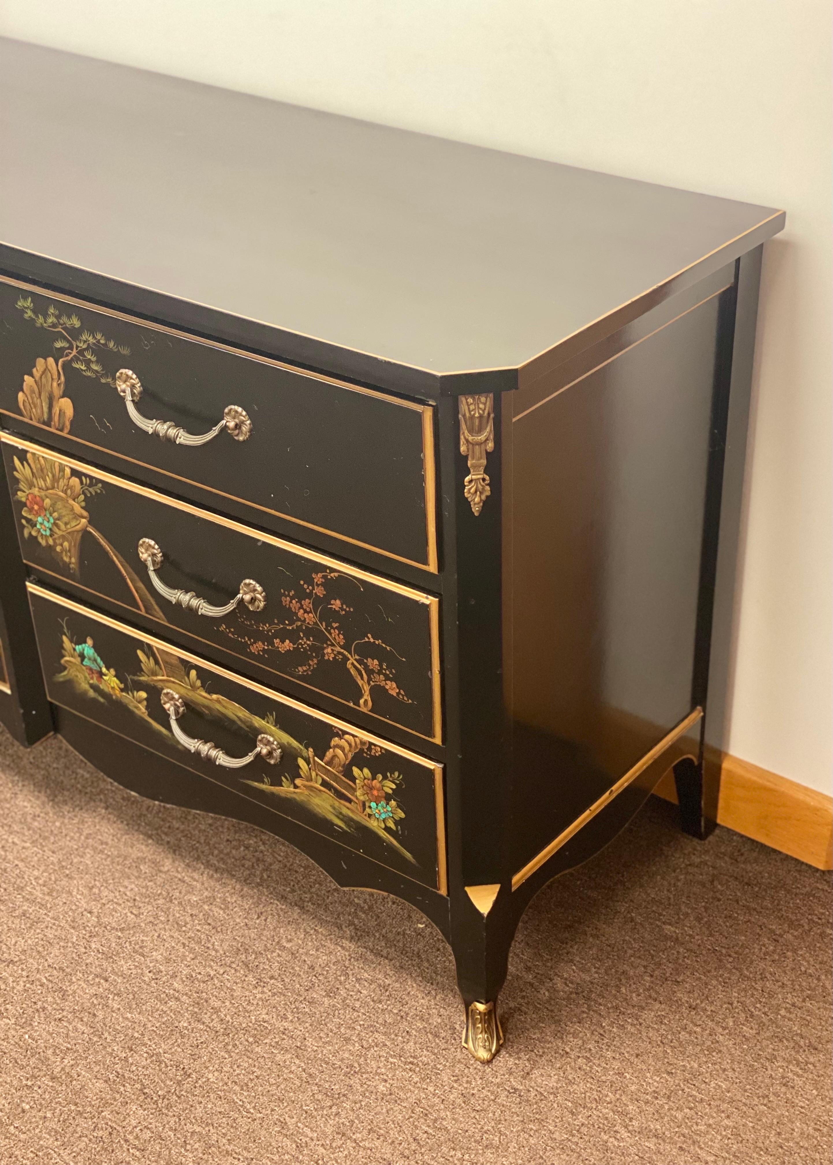 Mid-20th Century 1950s French Louis XV Chinoiserie Style Black Lacquered Dresser