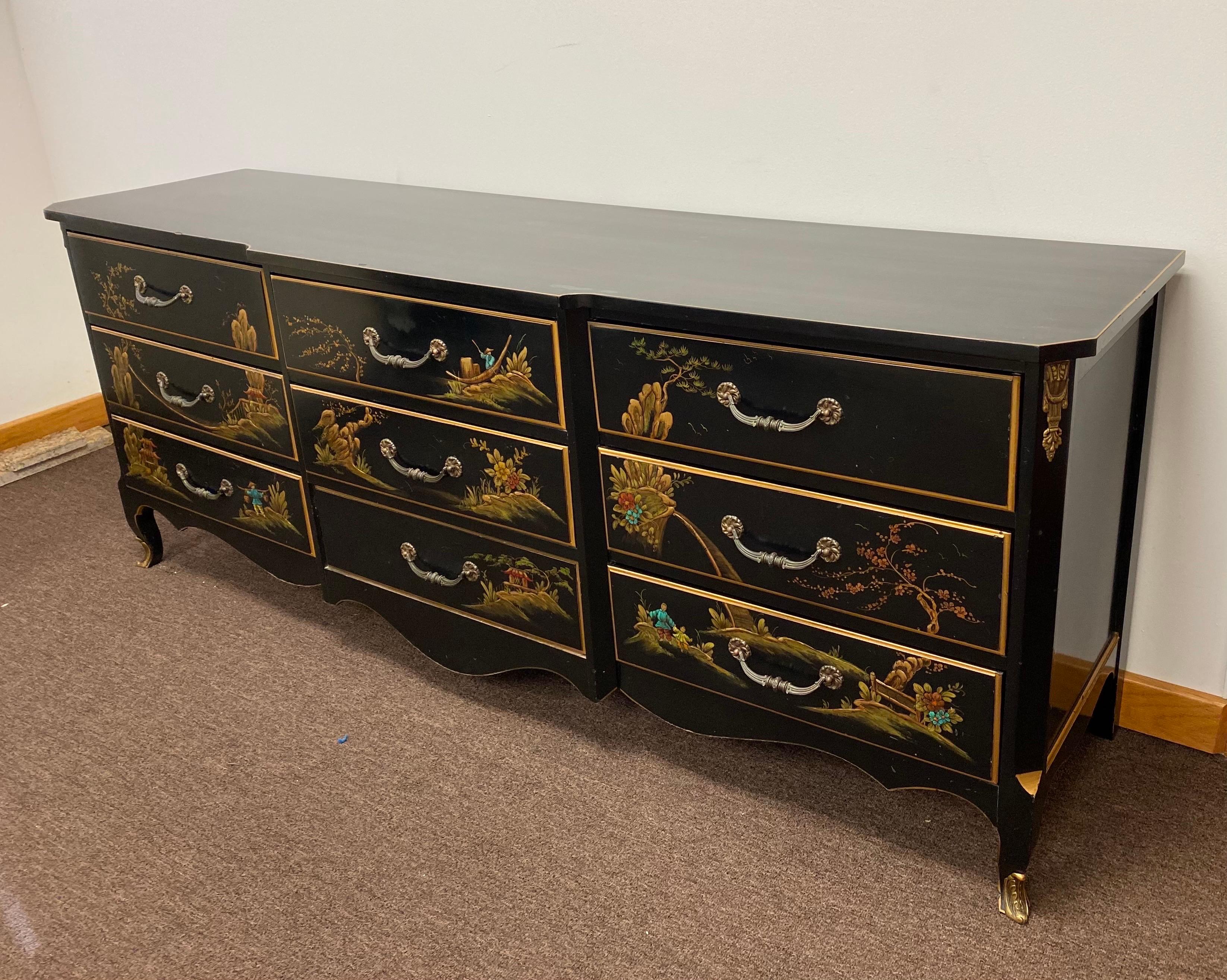 Hardwood 1950s French Louis XV Chinoiserie Style Black Lacquered Dresser