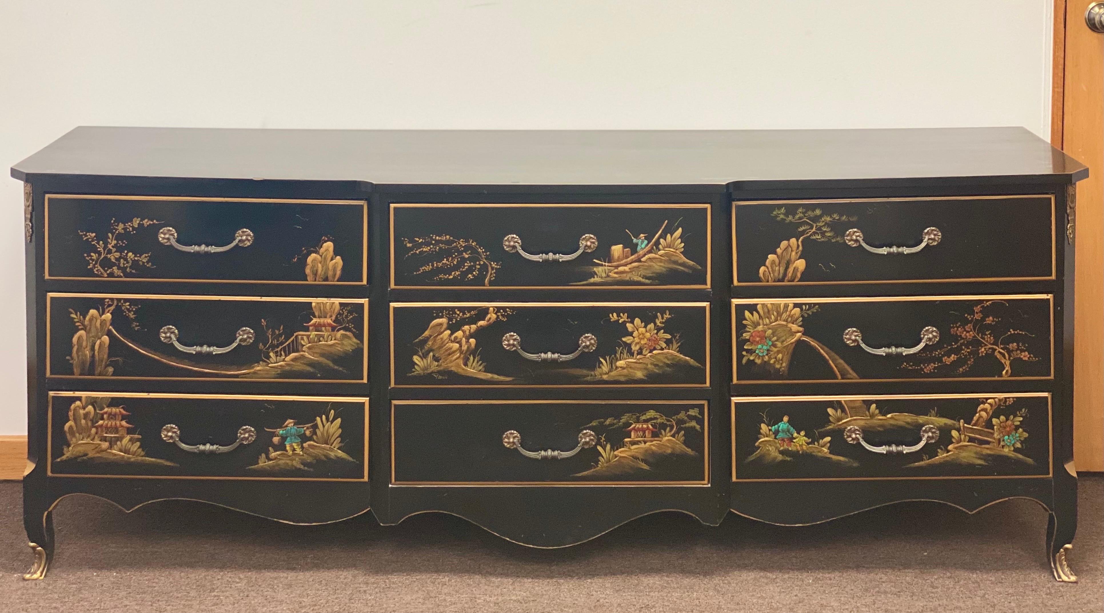 1950s French Louis XV Chinoiserie Style Black Lacquered Dresser 4