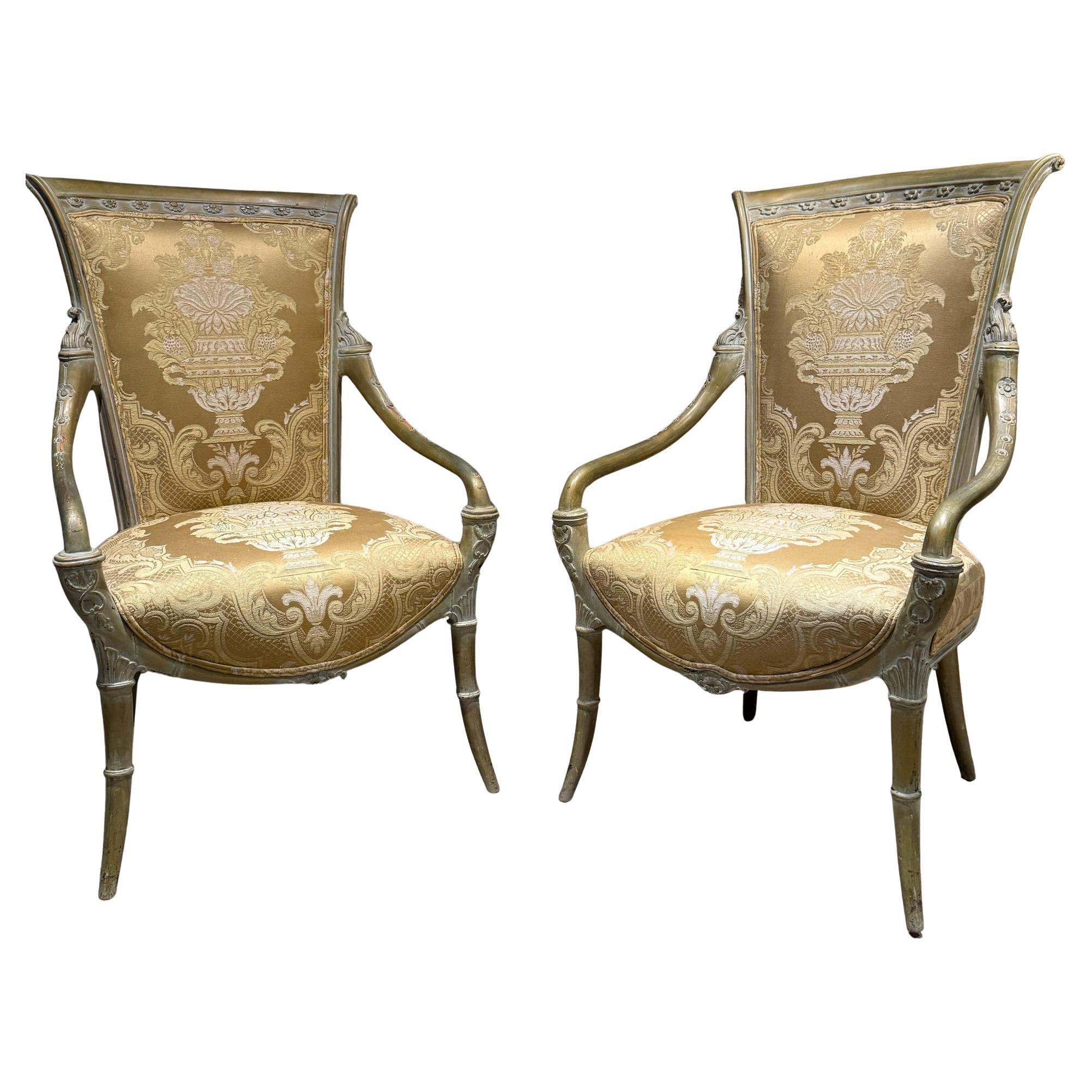 Hollywood Regency French Louis XV Silk Armchairs Mahogany & Gilt