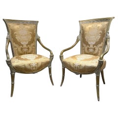 Hollywood Regency French Louis XV Silk Armchairs Mahogany & Gilt