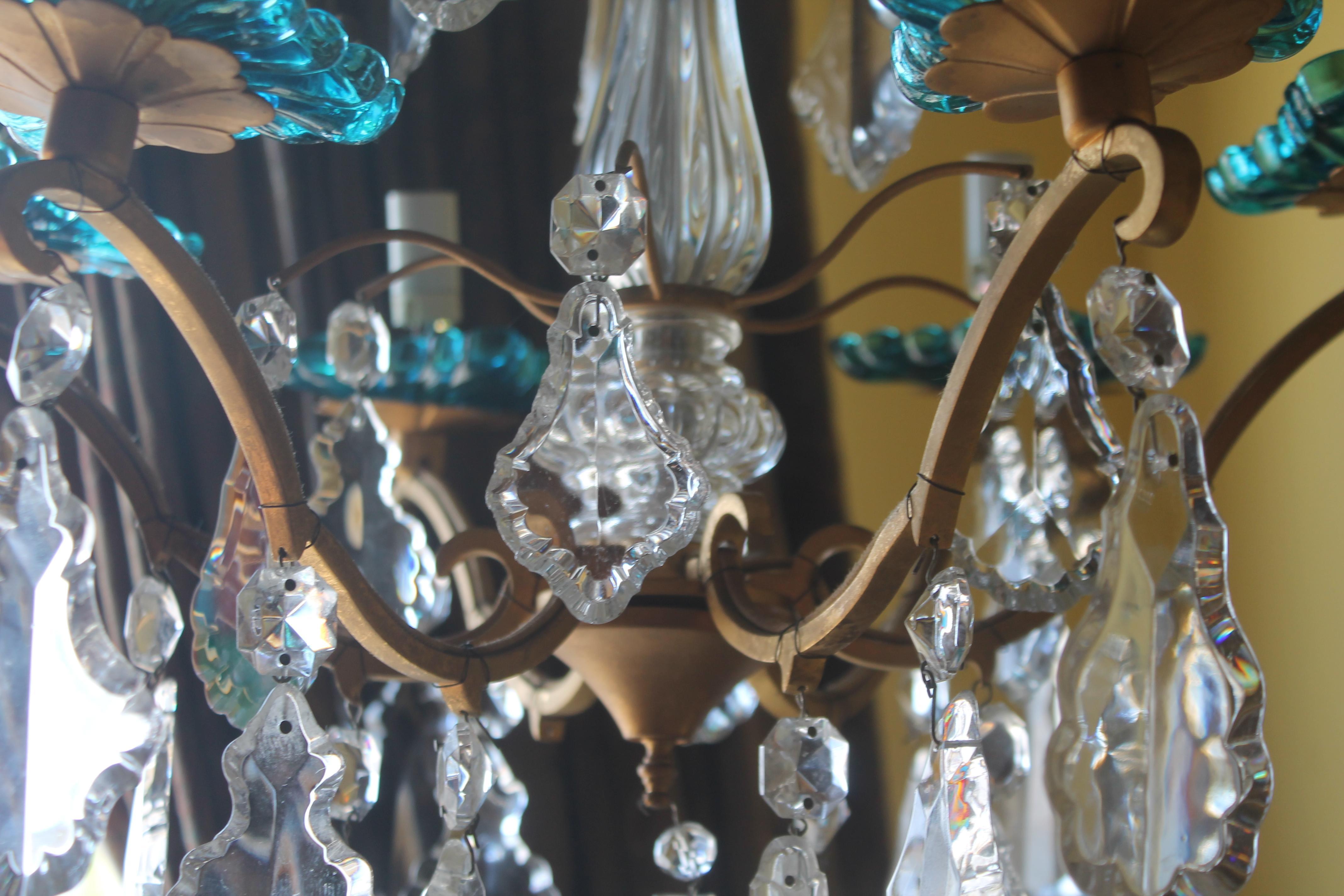 1950s French Louis XV style Baccarat Chandelier w/ Turquoise Crystal Chandelier For Sale 6