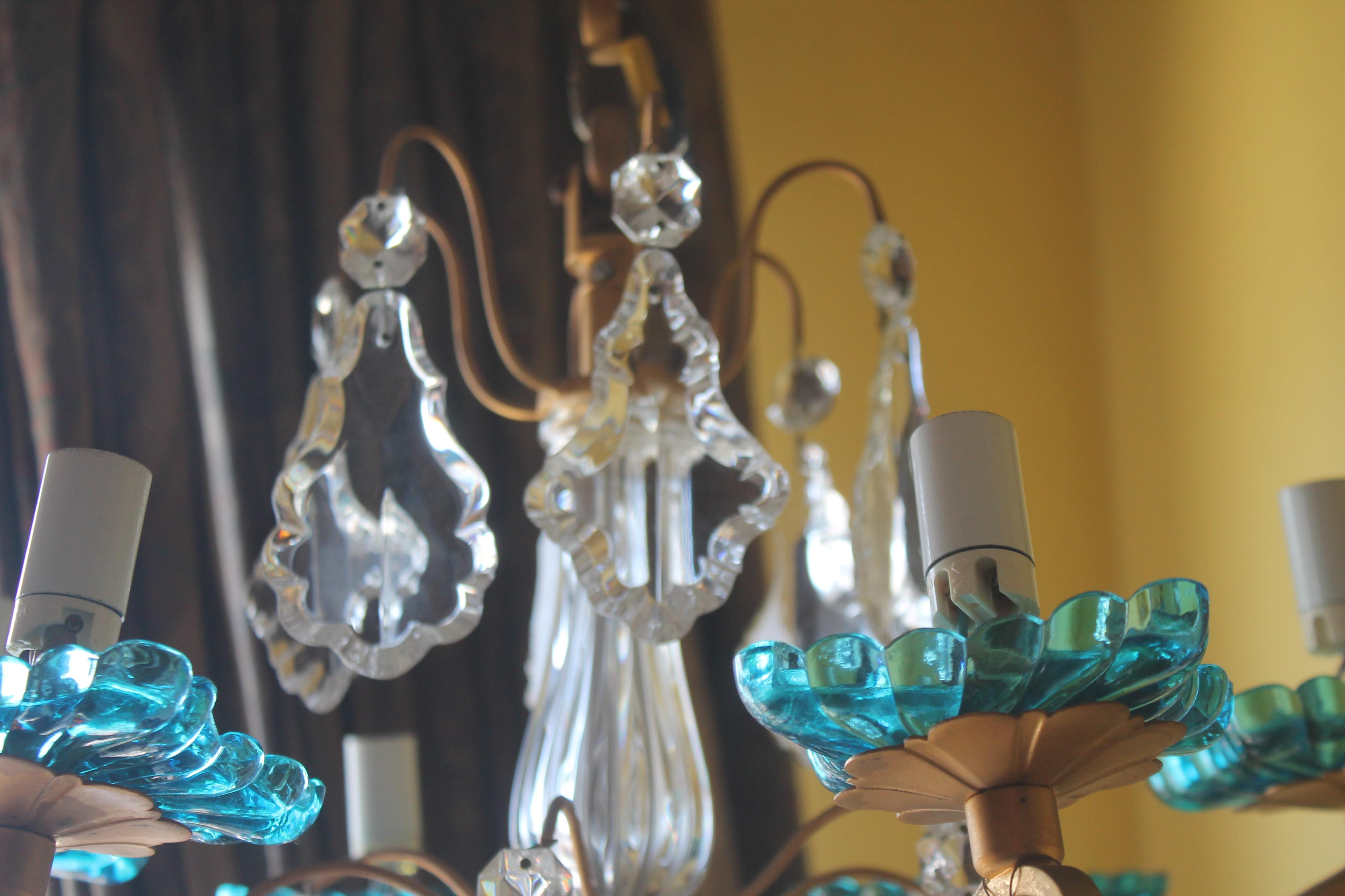 1950s French Louis XV style Baccarat Chandelier w/ Turquoise Crystal Chandelier For Sale 7