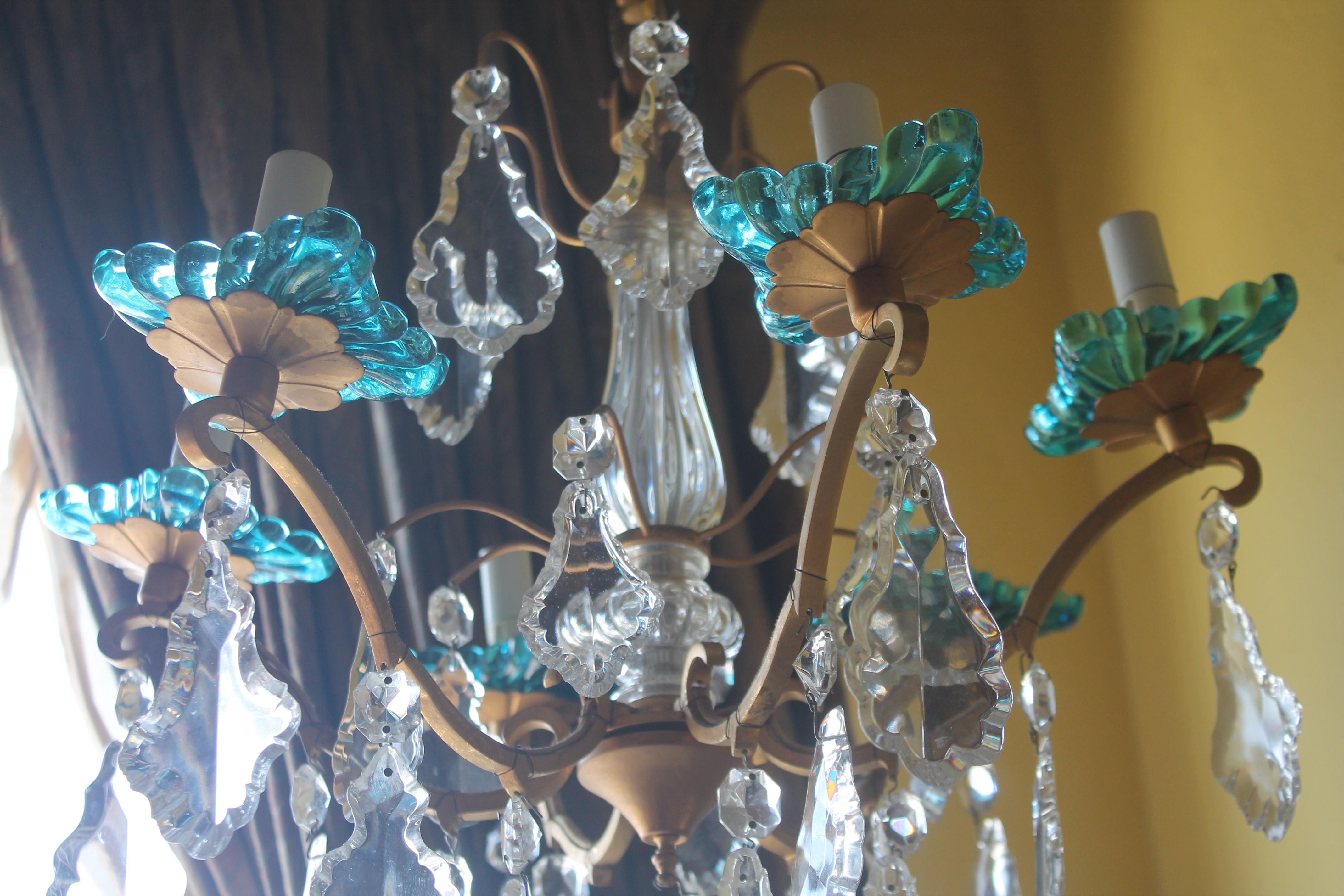 1950s French Louis XV style Baccarat Chandelier w/ Turquoise Crystal Chandelier In Good Condition For Sale In Opa Locka, FL