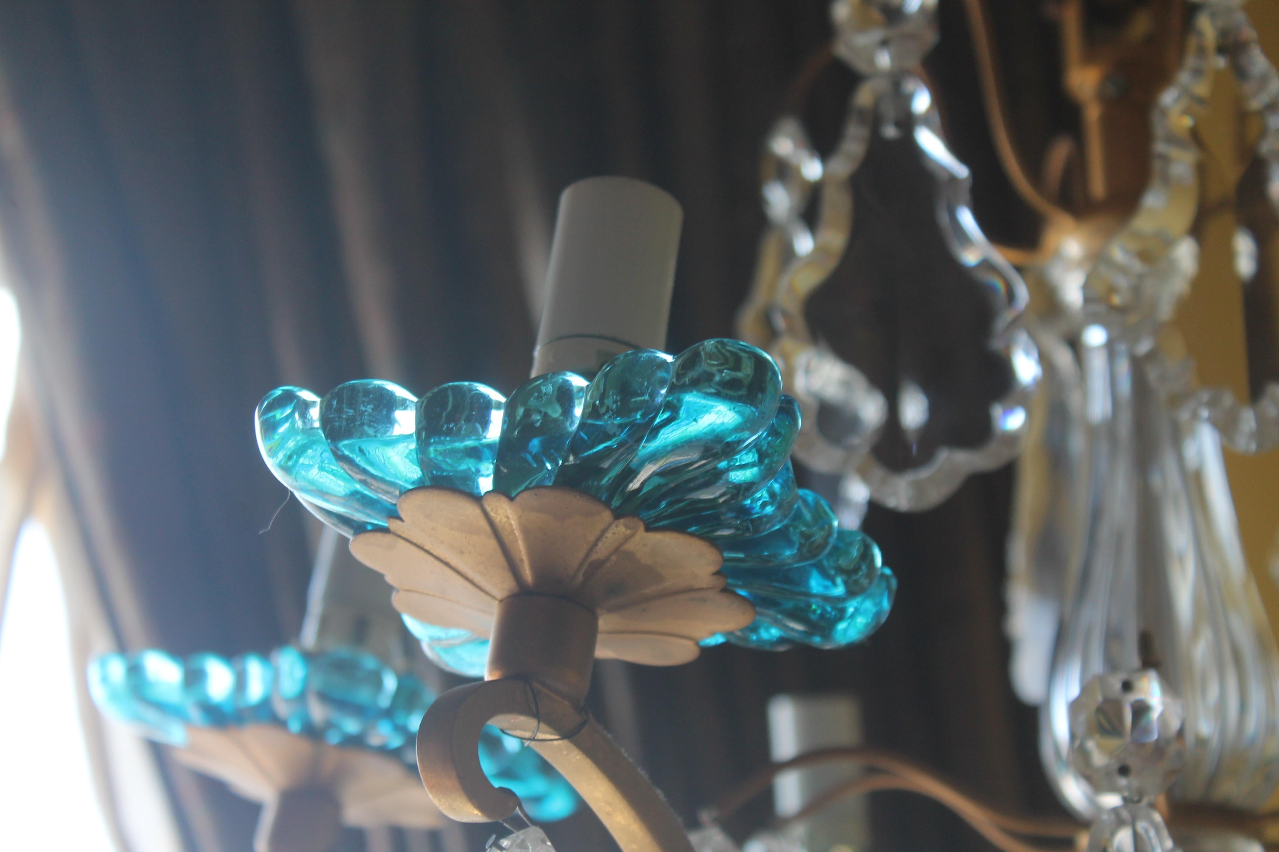 1950s French Louis XV style Baccarat Chandelier w/ Turquoise Crystal Chandelier For Sale 2