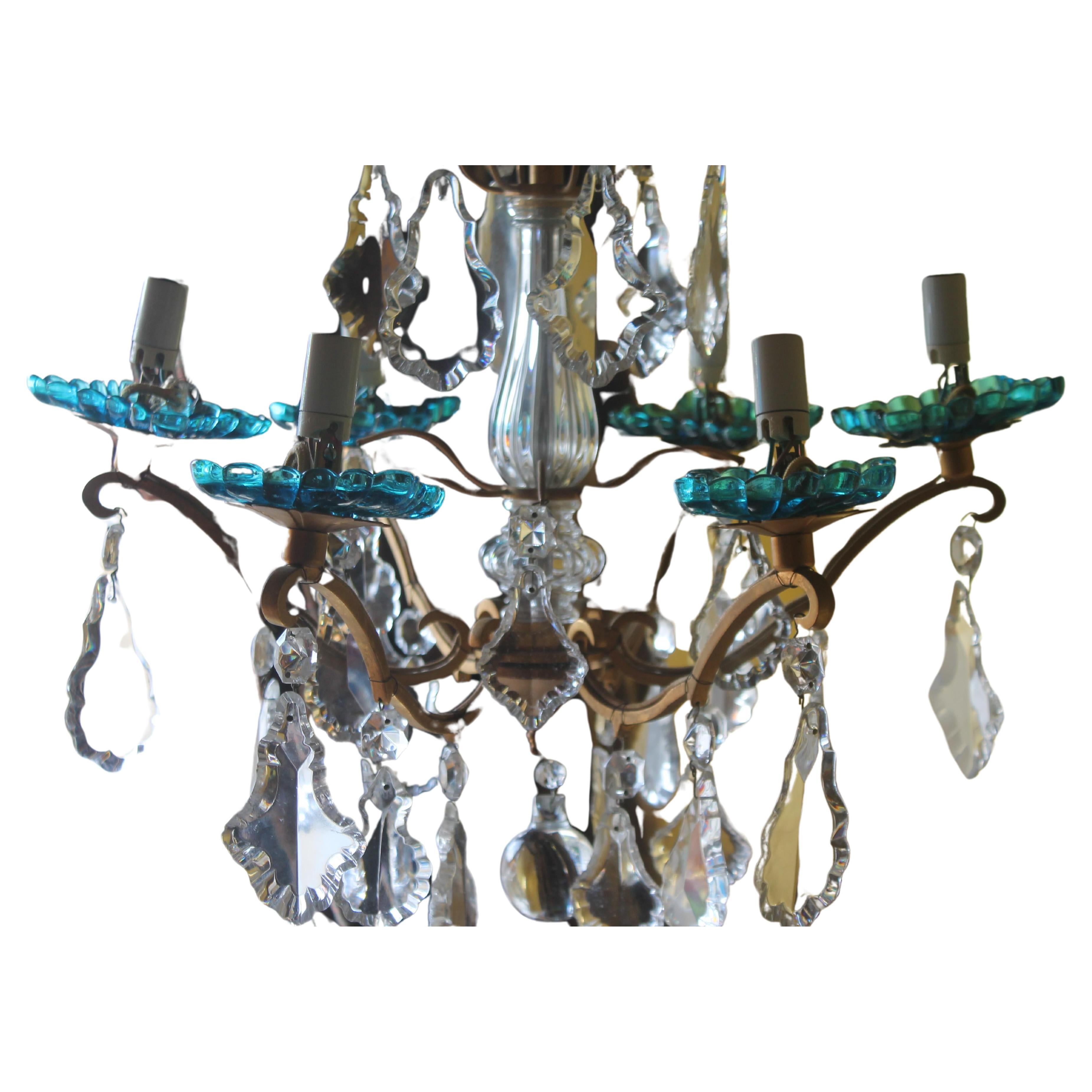 1950s French Louis XV style Baccarat Chandelier w/ Turquoise Crystal Chandelier For Sale