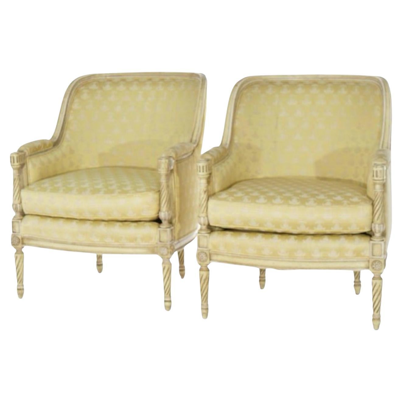 1950s French Louis XVI Style Carved And Painted Bergere Chairs - Pair For Sale