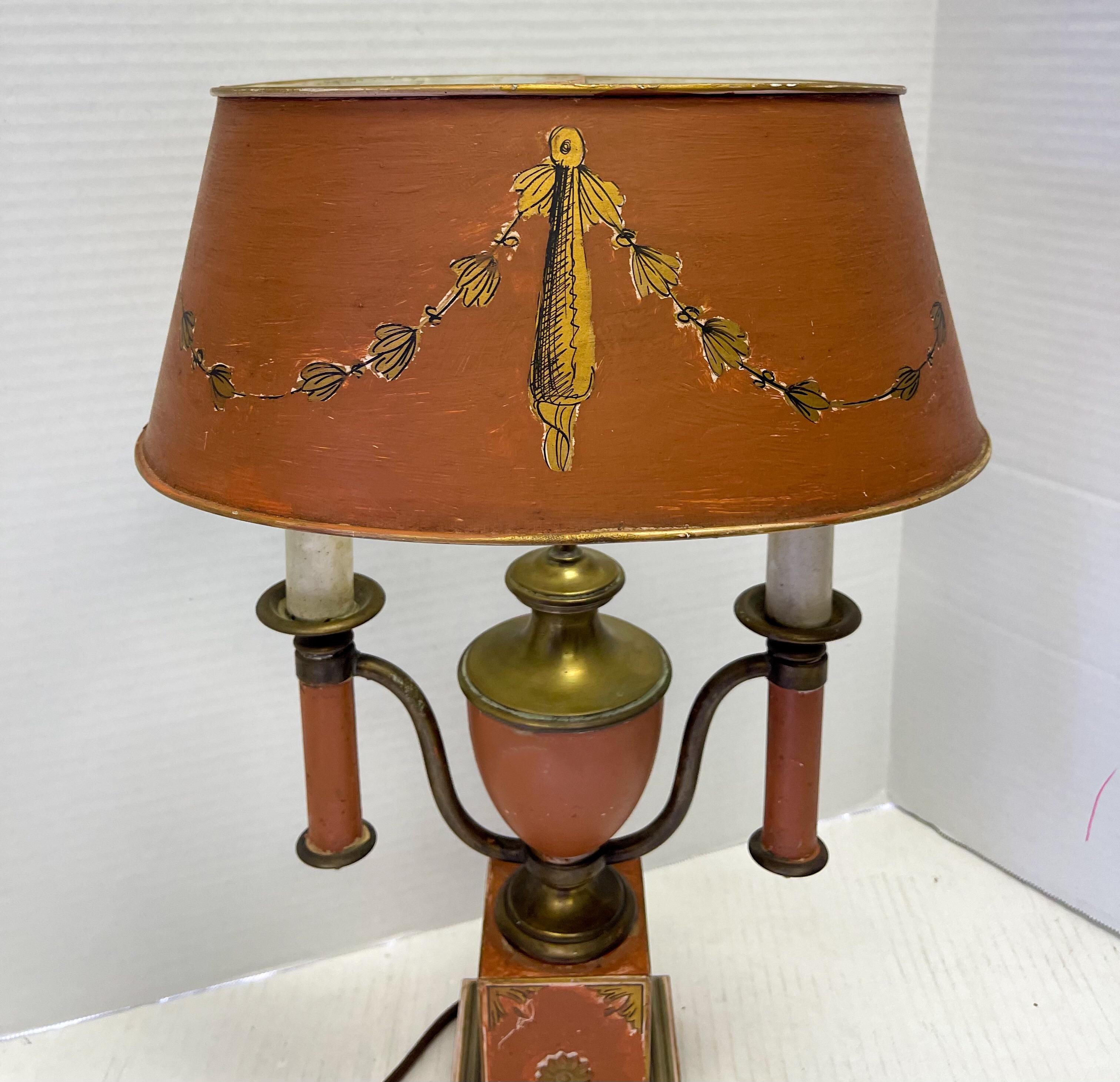 1950s French Louis XVI Style Painted Tole Bouillotte Lamps, Pair In Good Condition In Kennesaw, GA