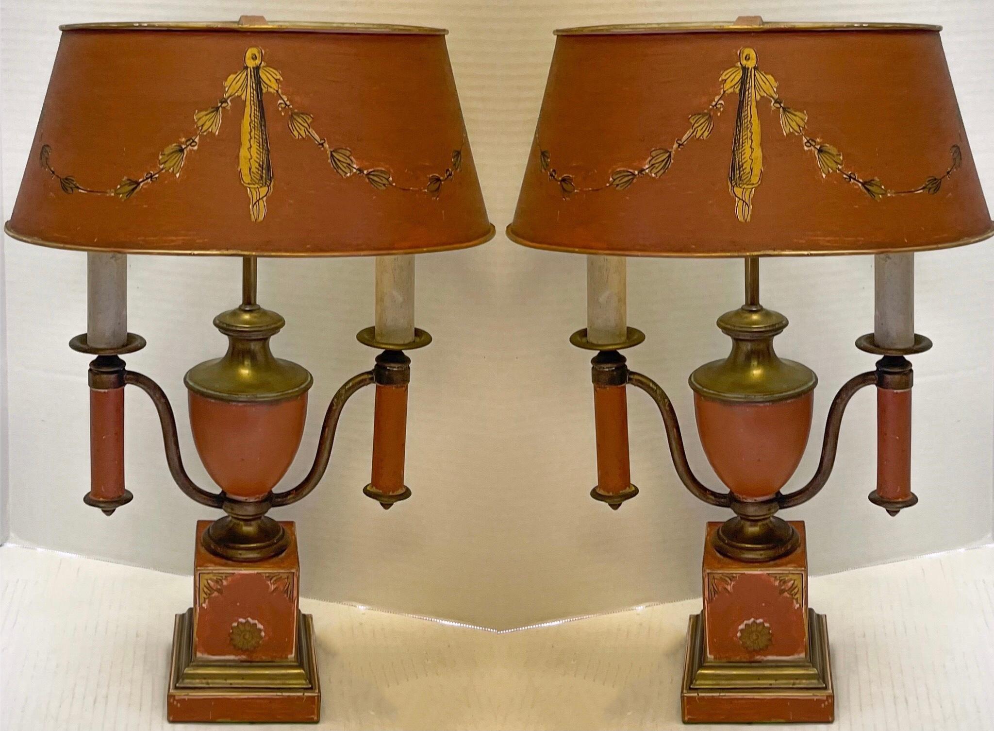 Metal 1950s French Louis XVI Style Painted Tole Bouillotte Lamps, Pair