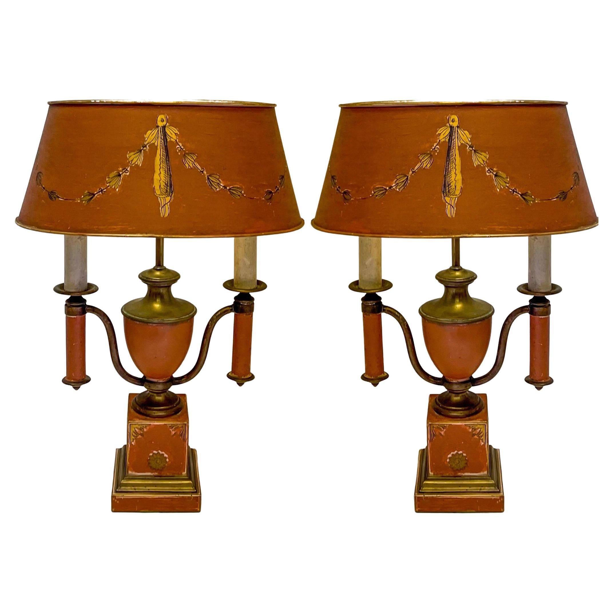 1950s French Louis XVI Style Painted Tole Bouillotte Lamps, Pair