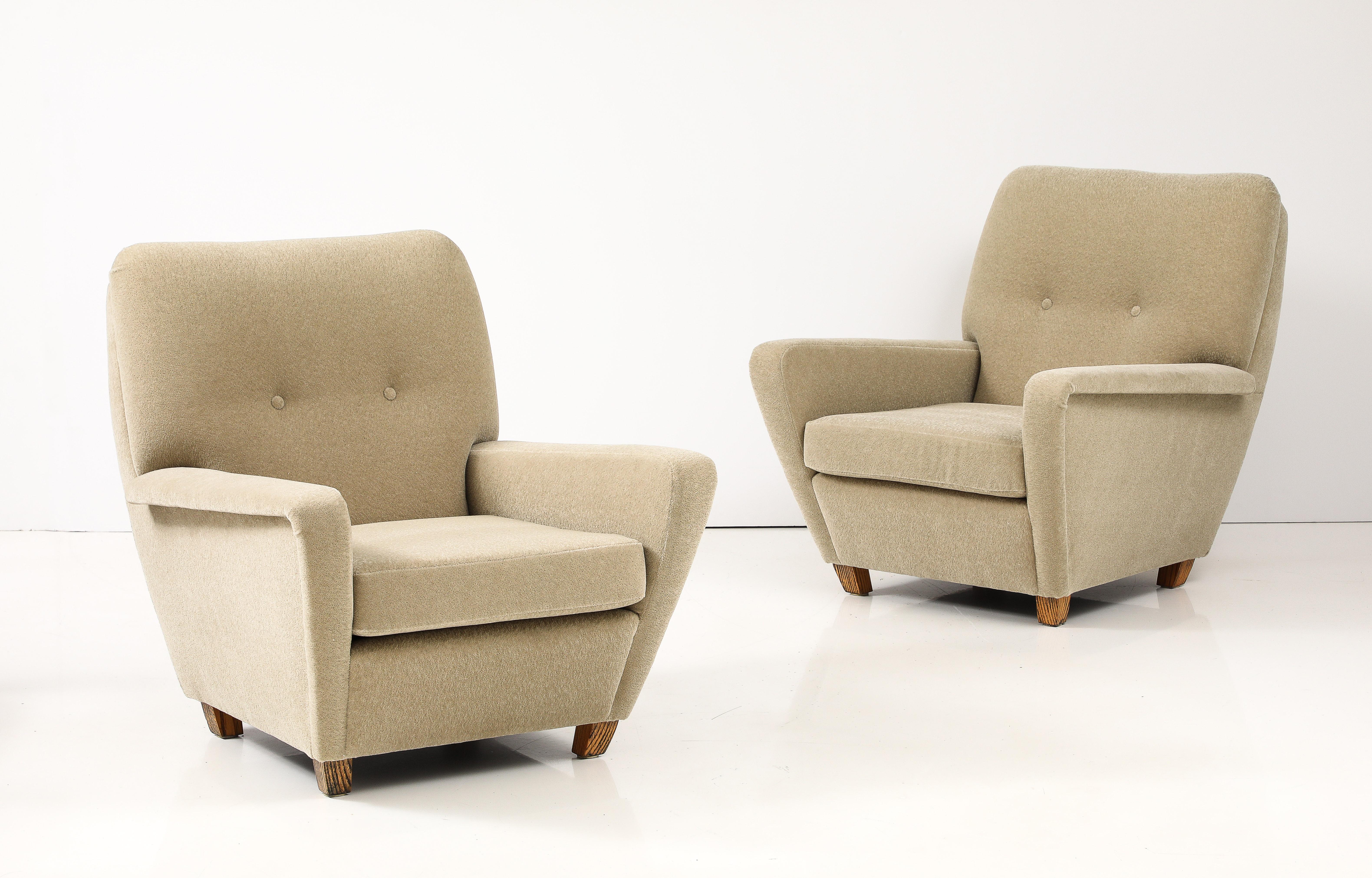 Mid-Century Modern 1950's French Lounge Chairs Upholstered In Donghia Mohair Fabric For Sale