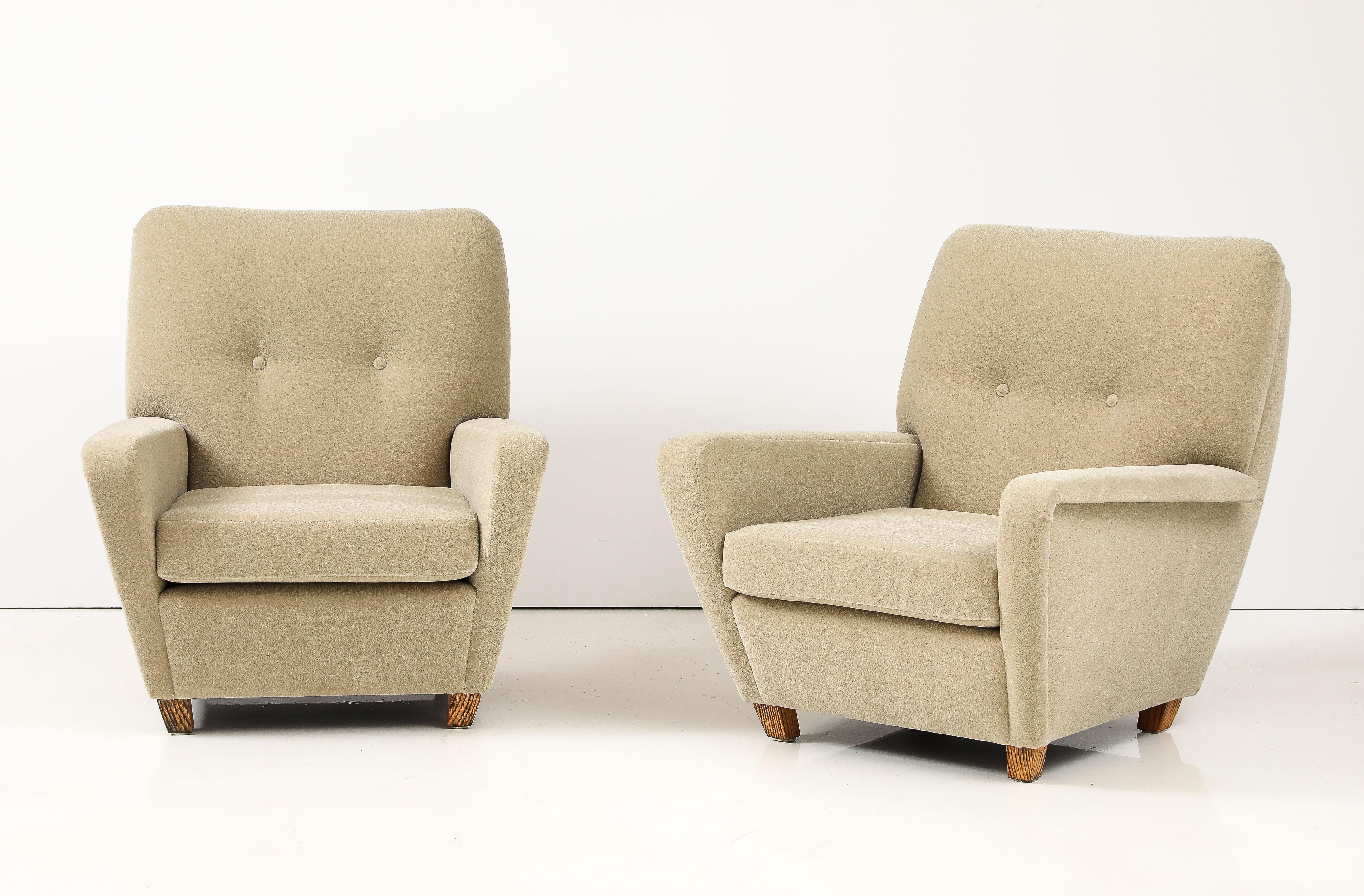 Mid-20th Century 1950's French Lounge Chairs Upholstered In Donghia Mohair Fabric For Sale