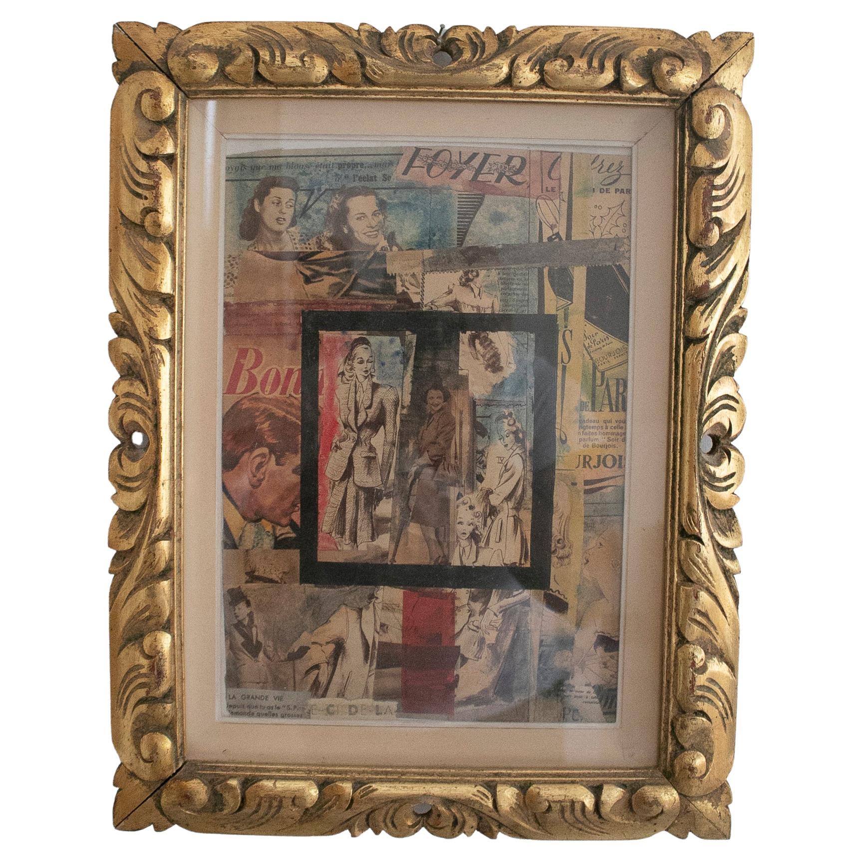 1950s French Magazine Advertising Collage w/ Wooden Frame