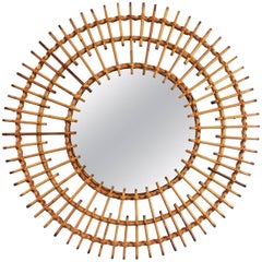 1950s French Mediterranean Coast Rattan Double Layered Sunburst Circular Mirror