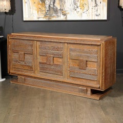 1950s French Mid-Century Modern Geometric Limed Oak Cabinet with Plinth Base
