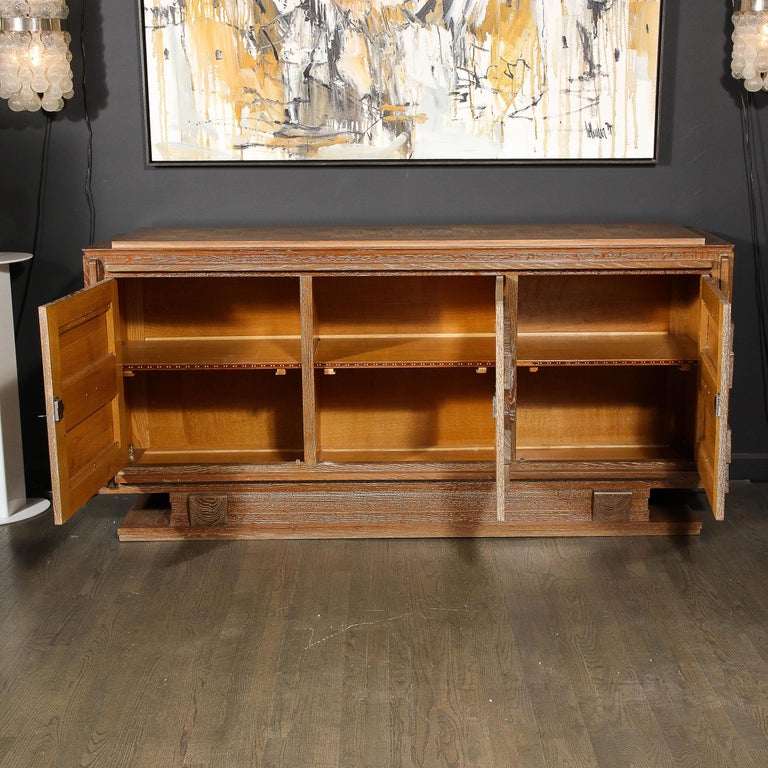 1950s French Mid-Century Modern Geometric Limed Oak Cabinet with Plinth Base In Excellent Condition In New York, NY
