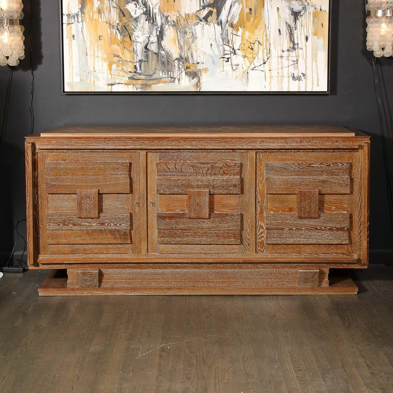 Mid-20th Century 1950s French Mid-Century Modern Geometric Limed Oak Cabinet with Plinth Base