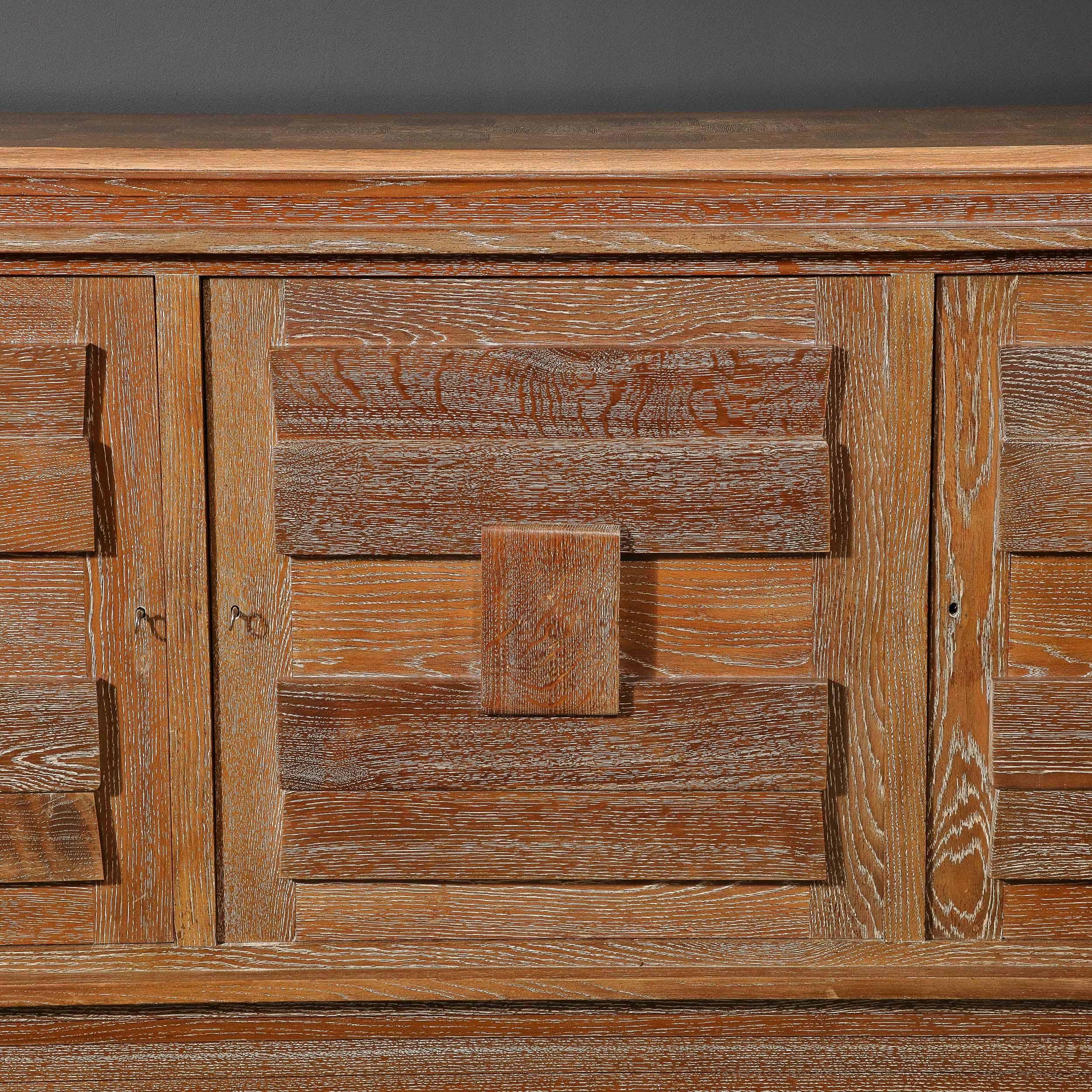 1950s French Mid-Century Modern Geometric Limed Oak Cabinet with Plinth Base 1