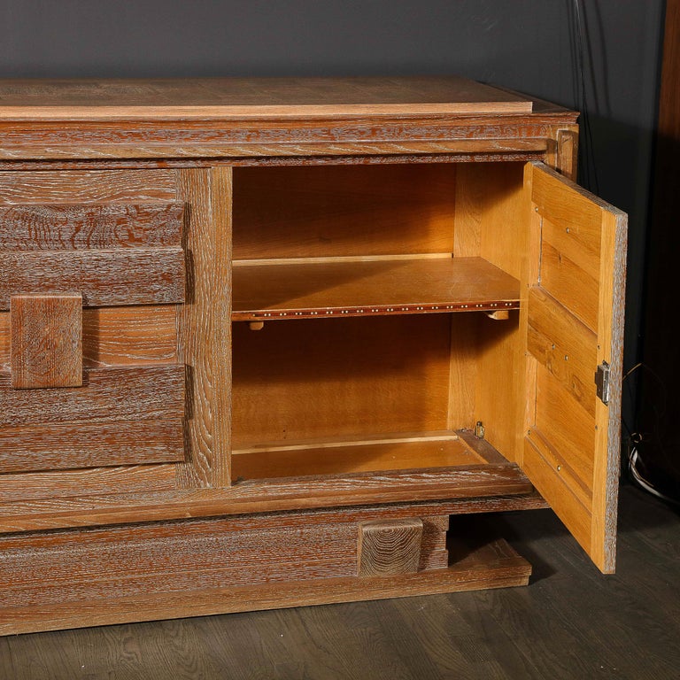 1950s French Mid-Century Modern Geometric Limed Oak Cabinet with Plinth Base 3