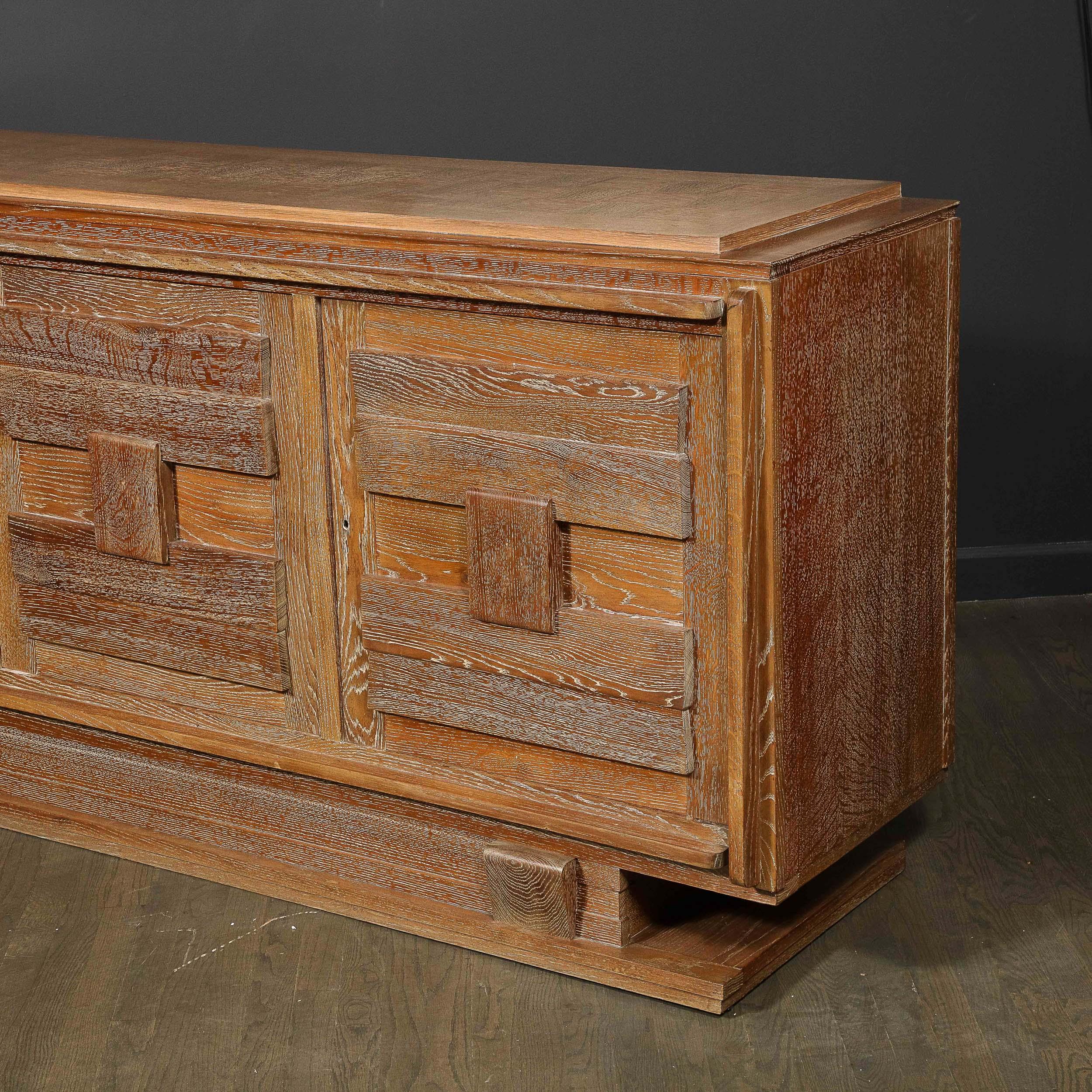 1950s French Mid-Century Modern Geometric Limed Oak Cabinet with Plinth Base 4