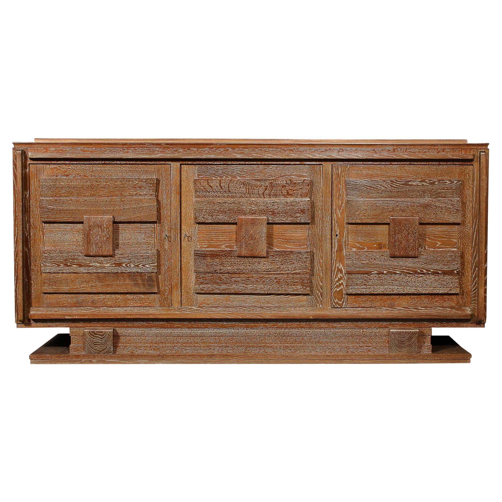 1950s French Mid-Century Modern Geometric Limed Oak Cabinet with Plinth Base