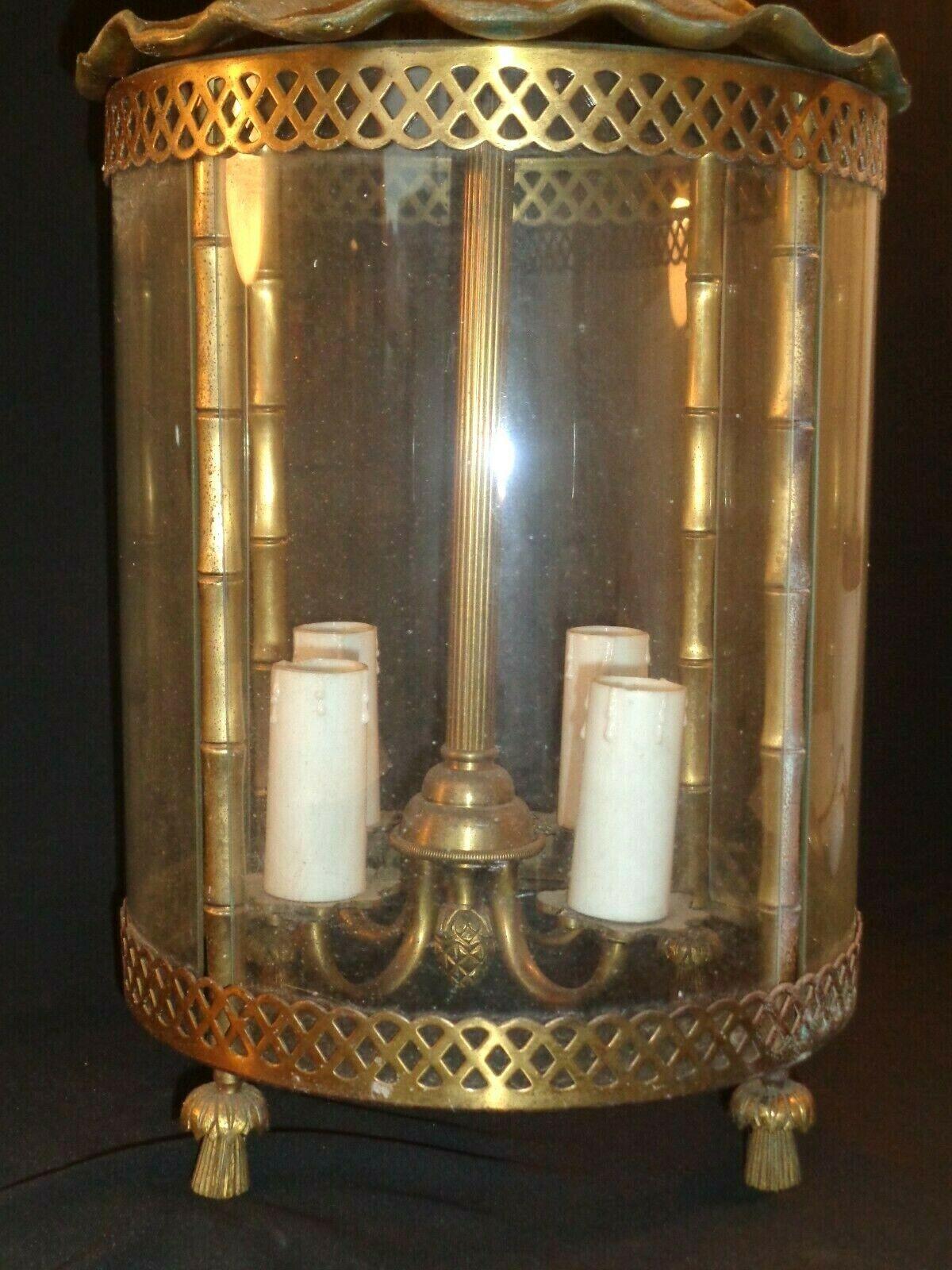 1950s French Mid Century Modern Gilt Bronze with Glass Faux Bamboo Lantern For Sale 6