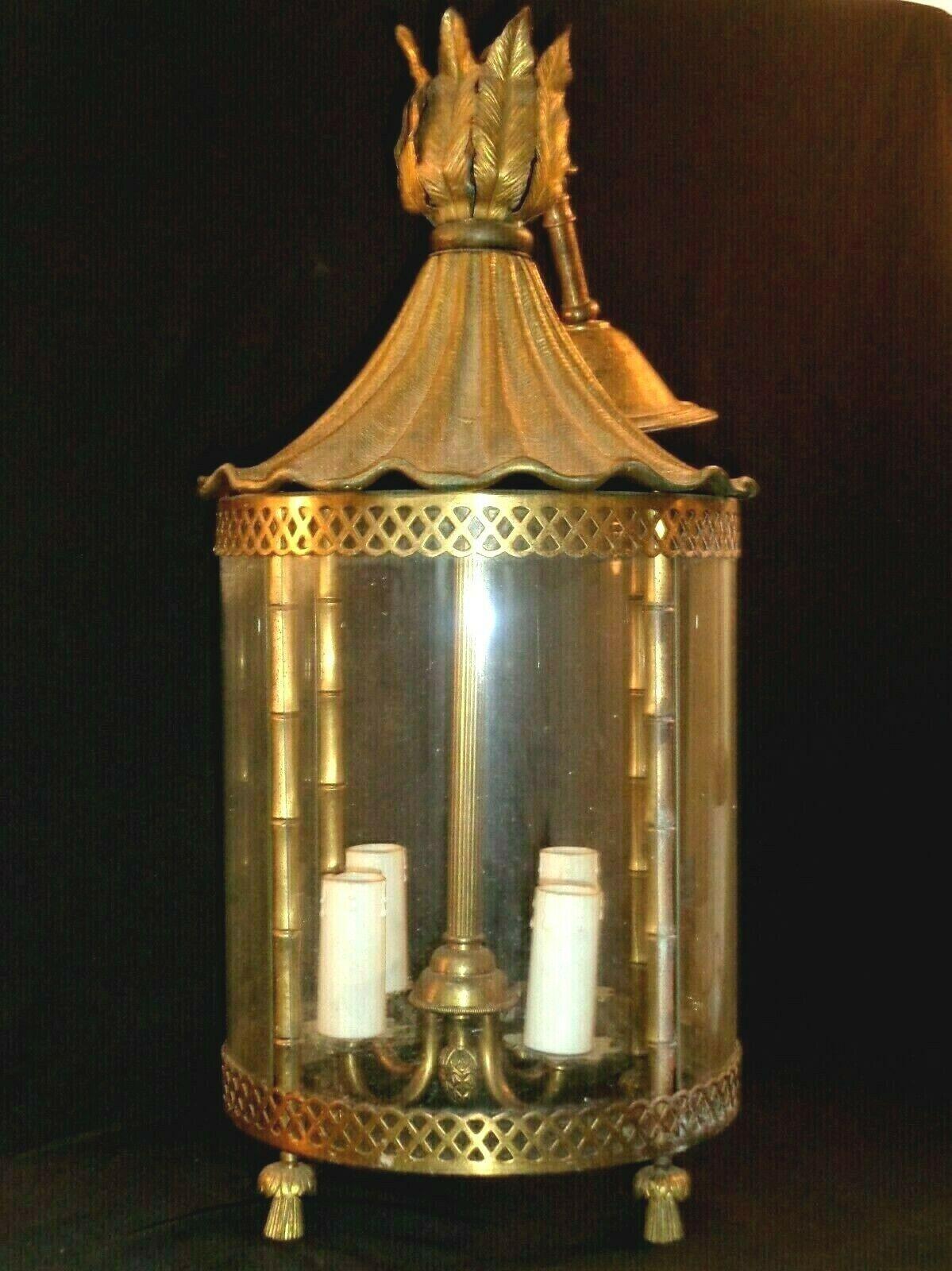 1950s French Mid Century Modern Gilt Bronze with Glass Faux Bamboo Lantern For Sale 7