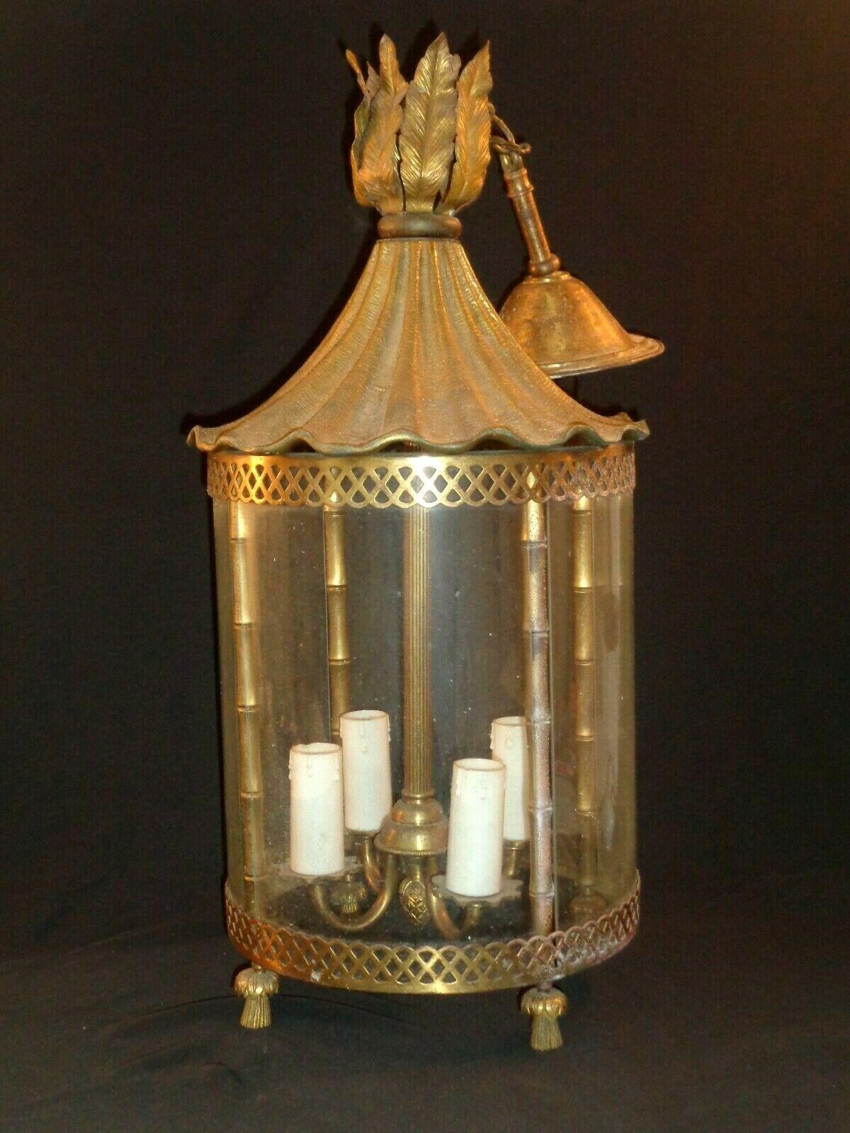 1950s French Mid Century Modern Gilt Bronze with Glass Faux Bamboo Lantern For Sale 10