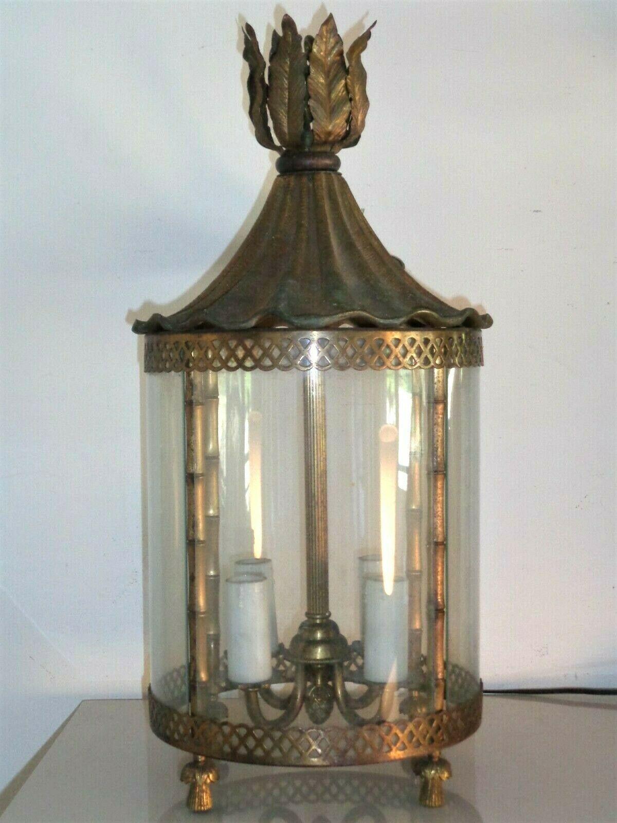 Mid-Century Modern 1950s French Mid Century Modern Gilt Bronze with Glass Faux Bamboo Lantern For Sale